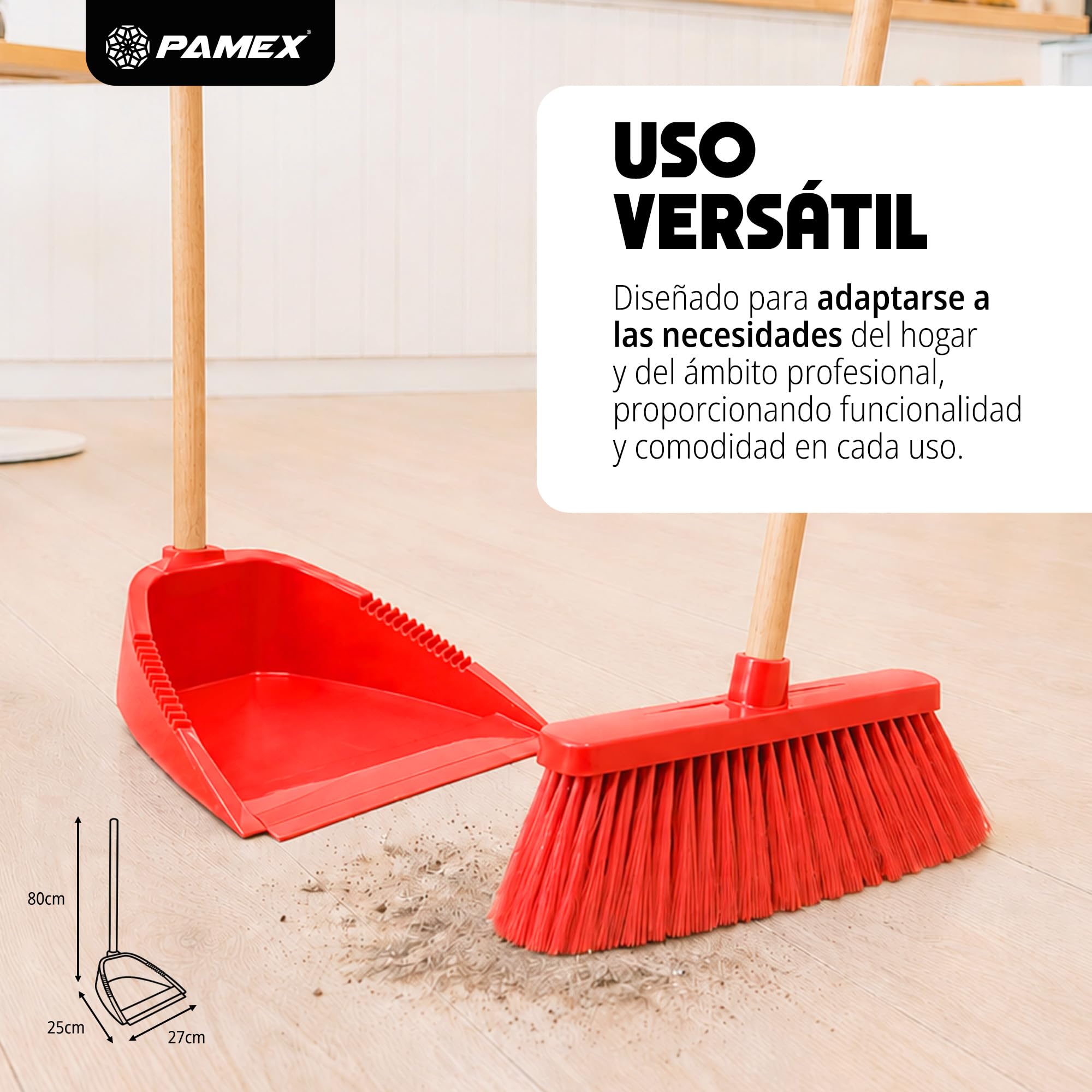 Pamex - Recogedor Tecnico Antivuelco con Palo Madera - 24 Unidades (Rojo)