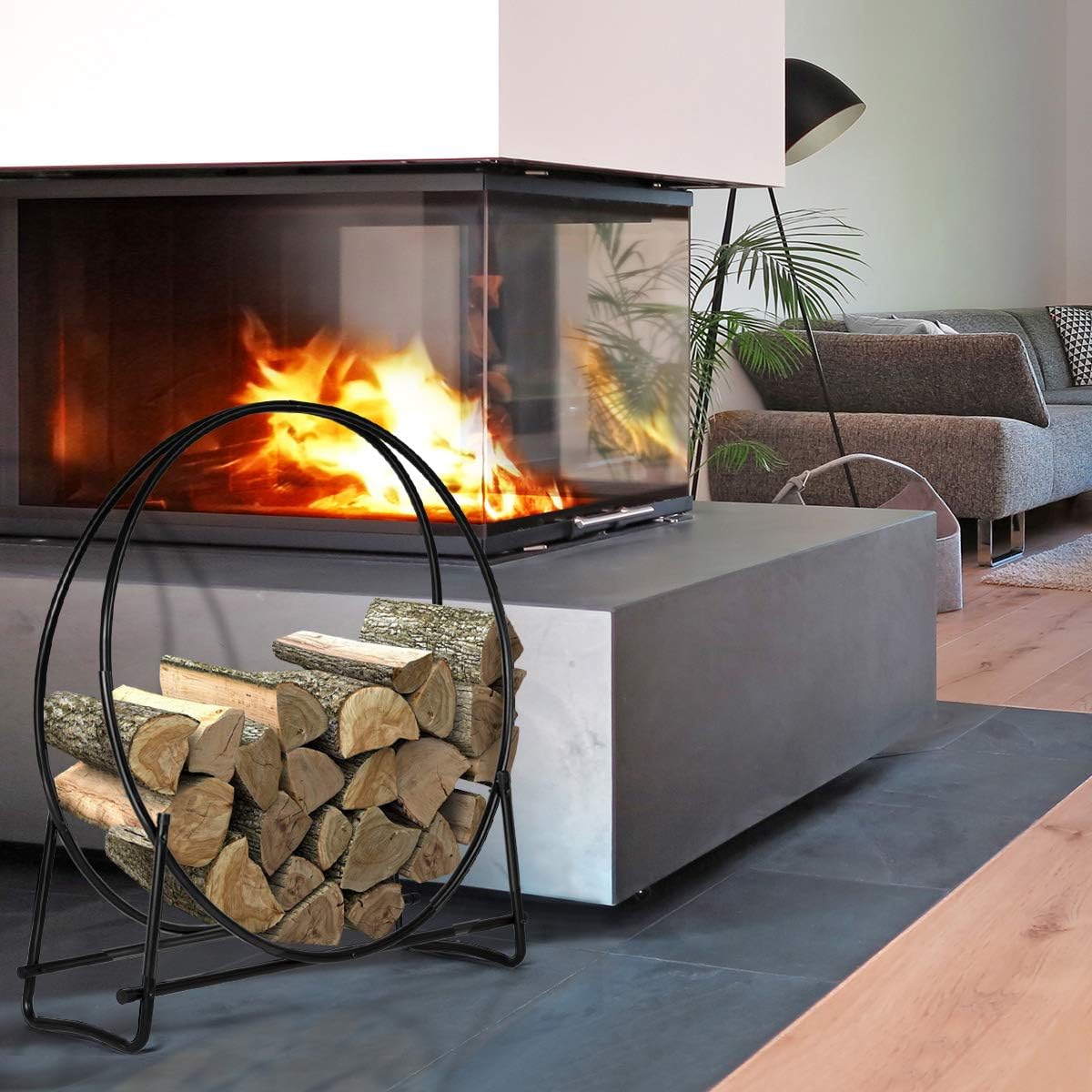 COSTWAY 41” Firewood Log Rack, Powder-Coated Steel Fireplace Wood Holder w/Double Ring Design, Indoor Outdoor Firewood Log Hoop for Fireplace, Terrace, Campfire (Black)