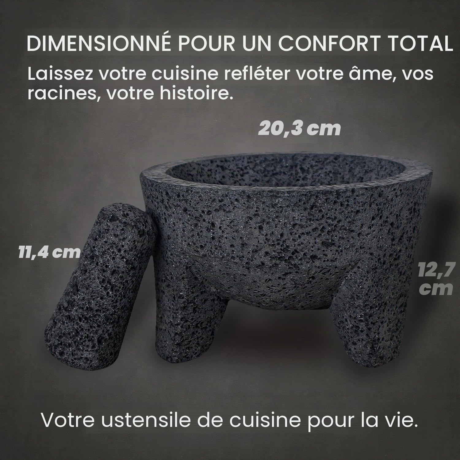 Bol mexicain Molcajete original fabriqué à la main en pierre de lave authentique au Mexique – Molcajete de Piedra volcanica – Pilon de mortier volcanique mexicain – Pierre de lave authentique