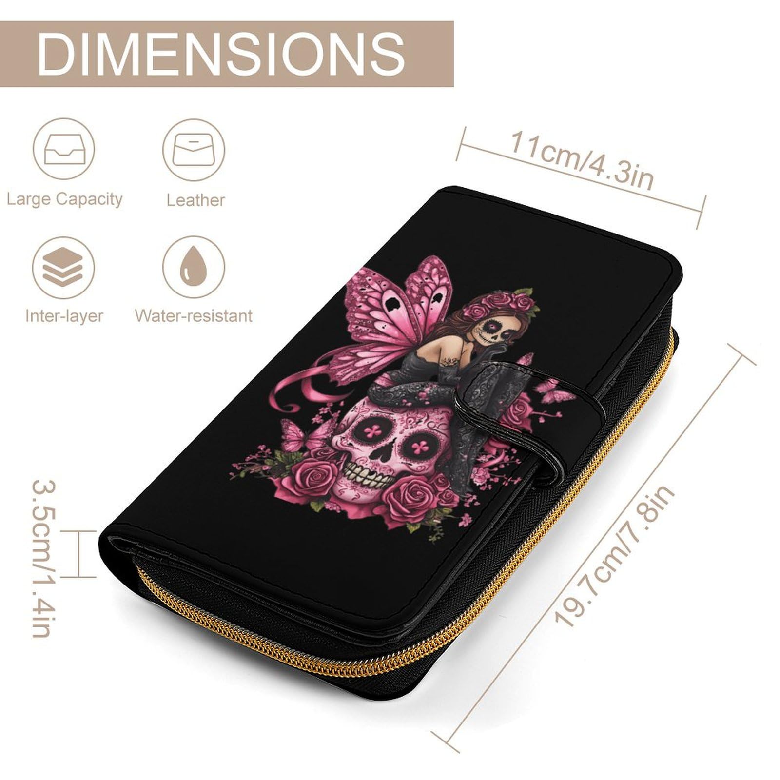 Skull Fairy Breast Cancer Awareness Ribbon Long Wallet PU Leather Credit Card Holder Durable Zippered Purse Clutch Wallet