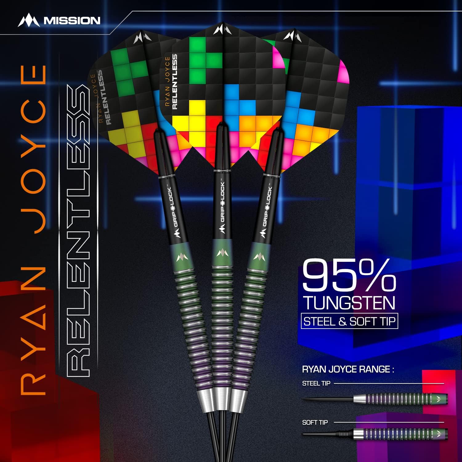 Mission Darts Ryan Joyce, Relentless | Darts Set with Premium 95% Tungsten Coral PVD Coated Barrel and Steel Tip, Multiple Weights