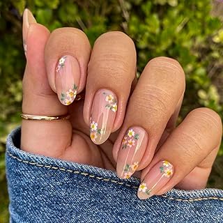 Spring Flower Press on Nails Medium Length Pink Fake Nails with Glue Small Floral Daisy Design False Nails Almond Shape Glossy Acrylic Nails for Women DIY Manicure Decoration 24PCS