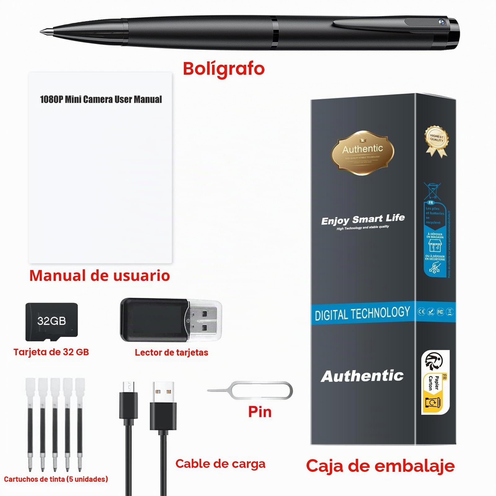 Cámara Espía Pluma Cámara Oculta HD 1080P Mini Bolígrafo Grabadora de Video con Tarjetas de 32GB Cámara de Niñera para el Hogar Cámara de VigilanciaPara Uso en Interiores y al Aire Libre