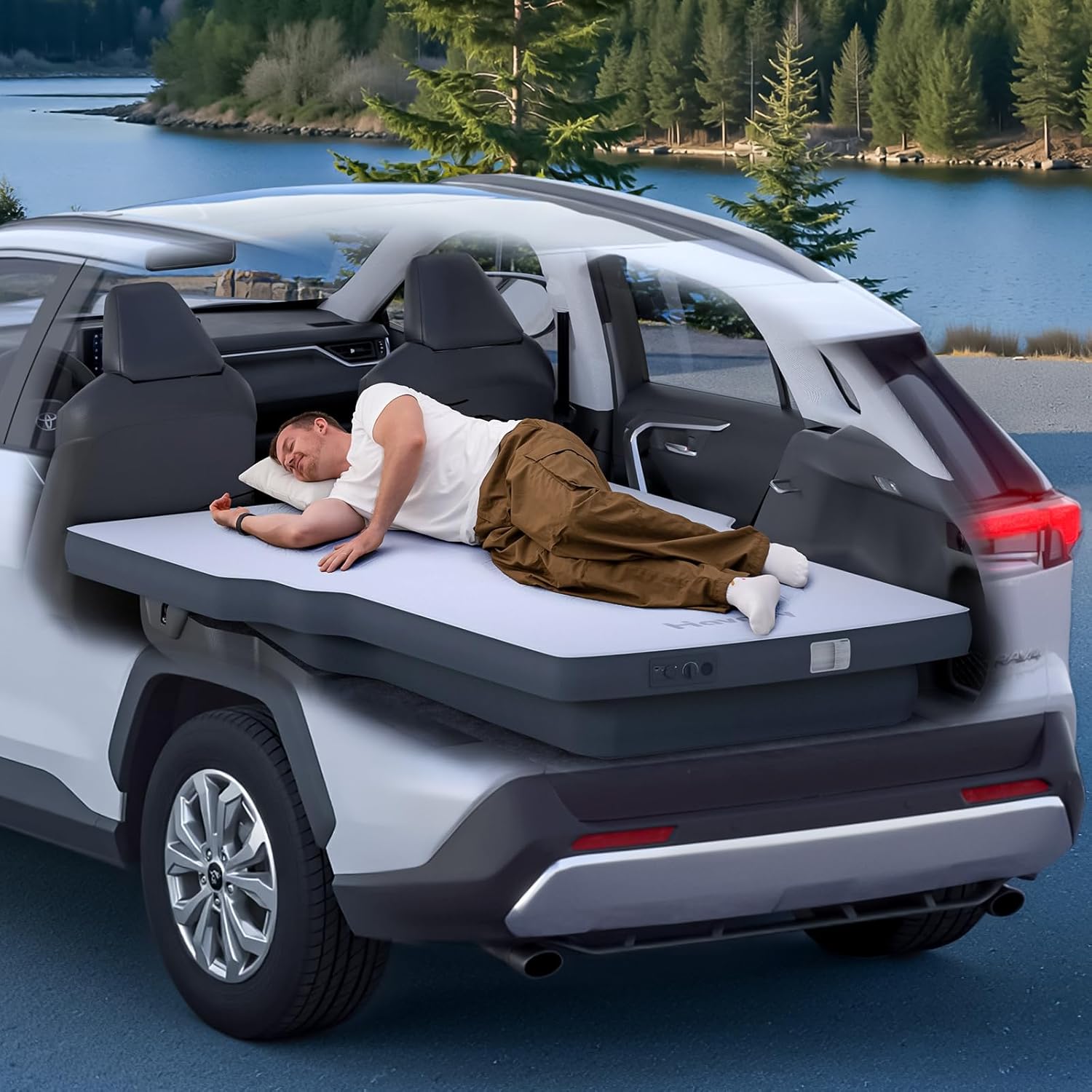 Havnby FlatCore TPU Backseat Foam Mattress for Toyota RAV4, 4-inch Foam Camping Mattress & Slope-Cancel Layer, Inflatable SUV Car Bed with Portable Built-in Rechargeable Pump for Road Trip Sleeping