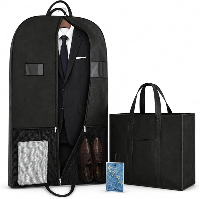 Professional Suit Carrier for Travel, 43-Inch Cover with Storage Pockets | 43-inch suit carrier for meetings, fitting suits, blazers and shirts with mesh pockets, rear storage and folding handles.