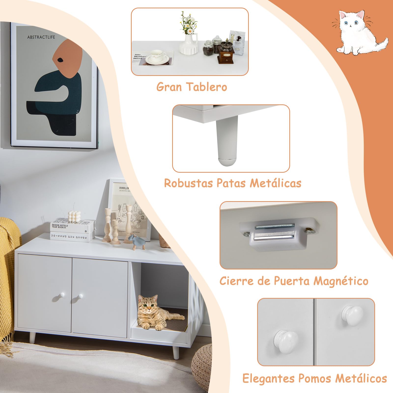 COSTWAY 3 en 1 Casa para Gatos con Rascador Extraíble, Mesa de Centro Auxiliar de Madera, Cueva para Gatos con 2 Puertas, Mueble Arenero de 90 x 50 x 50 cm (Blanco)