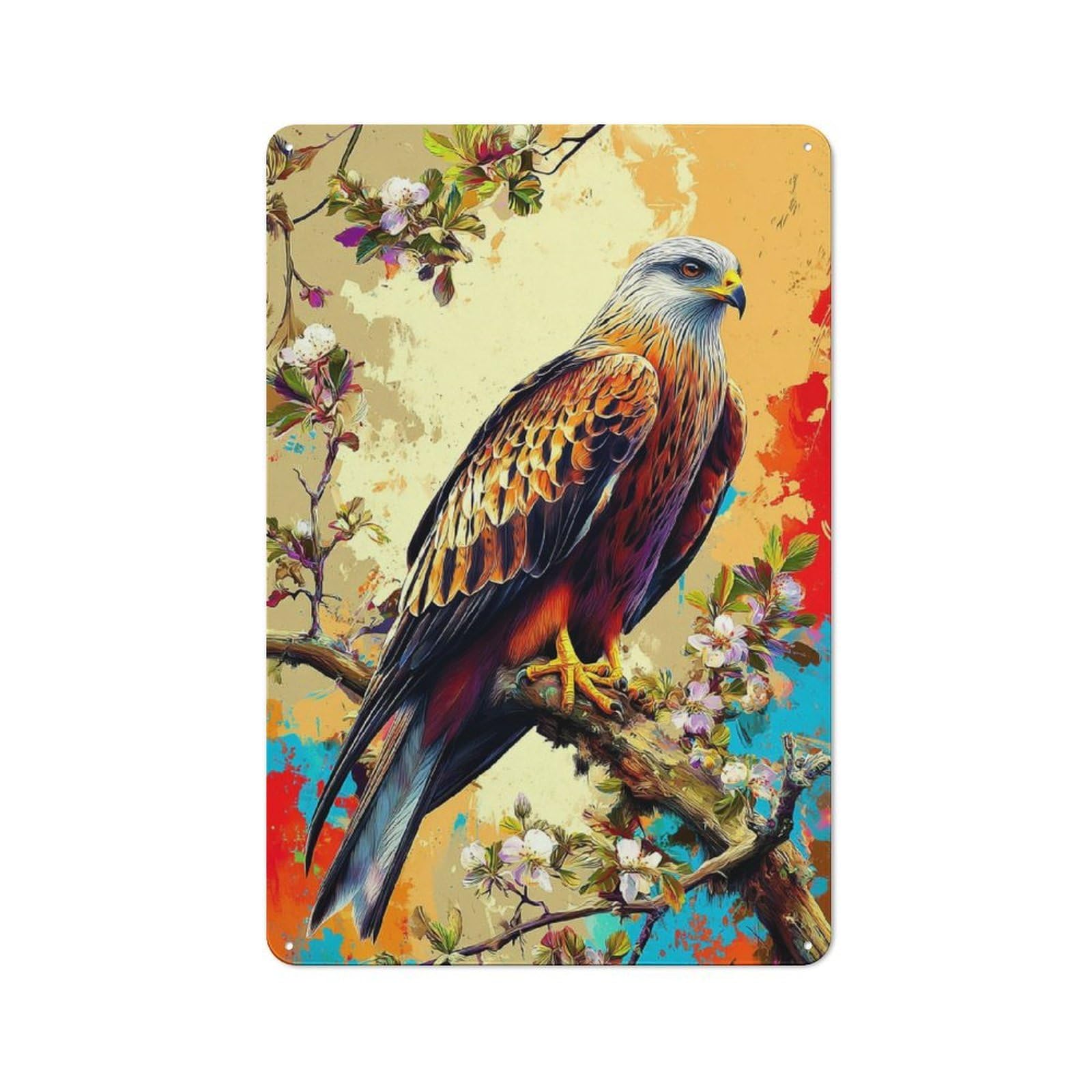 Junmoney Colorful Eagle On Blossom Branch For Hobby Room Or Studio, Rustic Metal Sign 30X20cm, For Creative Interior Collectors Refreshing A Room In Autumn