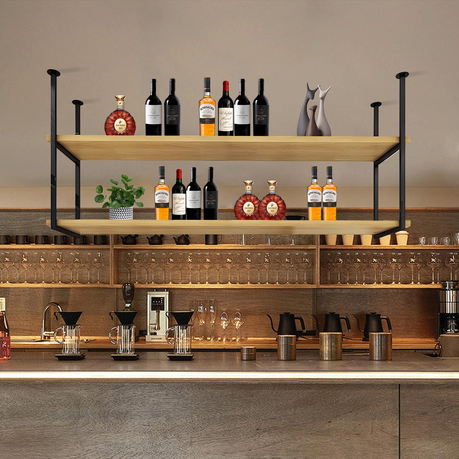 Étagère de Plafond Suspendue Suspendu Industriel à 2 Couches Casier à Vin de Plafond Rétro en Métal Suspendue Support de Rangement pour Bars Café Plantes Bibliothèque restaurant cuisine (GOLD )