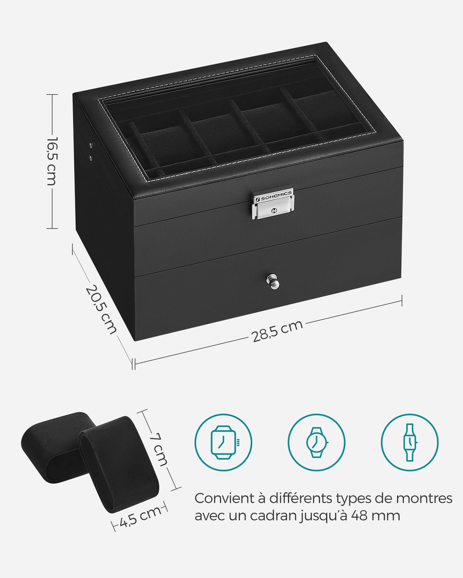 SONGMICS Boîte à Montres 20 Compartiments, Coffret à Montres, avec Couvercle en Verre, Écrin à 2 Niveaux, avec Coussinets Amovibles, Revêtement en Noir et Doublure en Noir JWB020B01