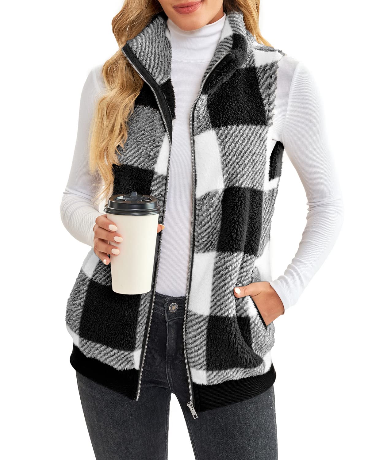 LAMISSCHE Womens Plaid Fleece Vest, Black, XL