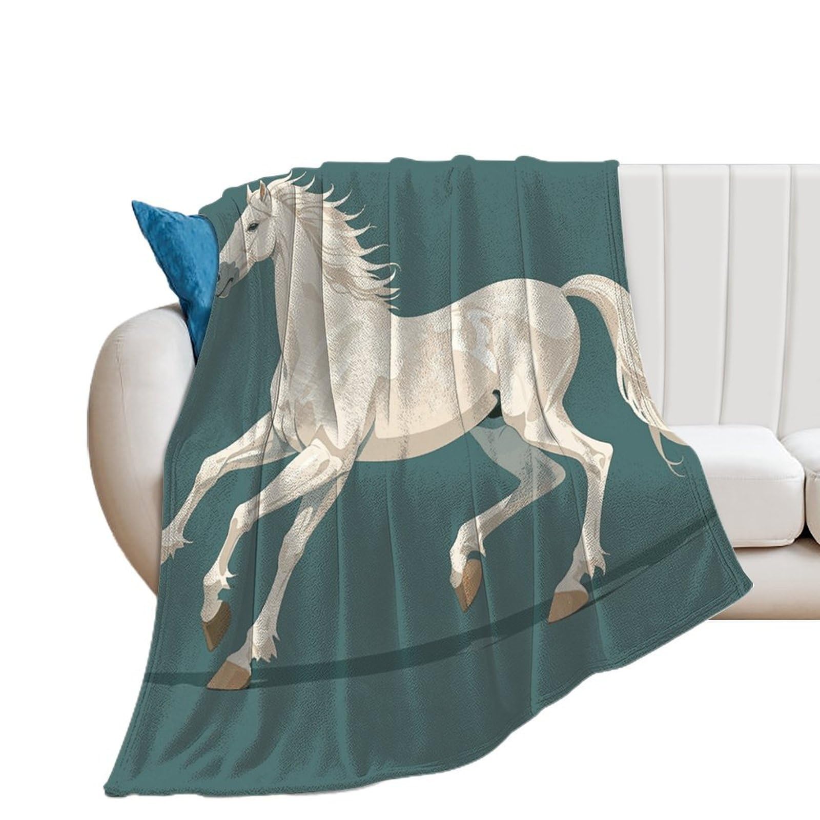 Couverture flanelle cheval blanc cadeau idéal plaid confortable lit et voyage
