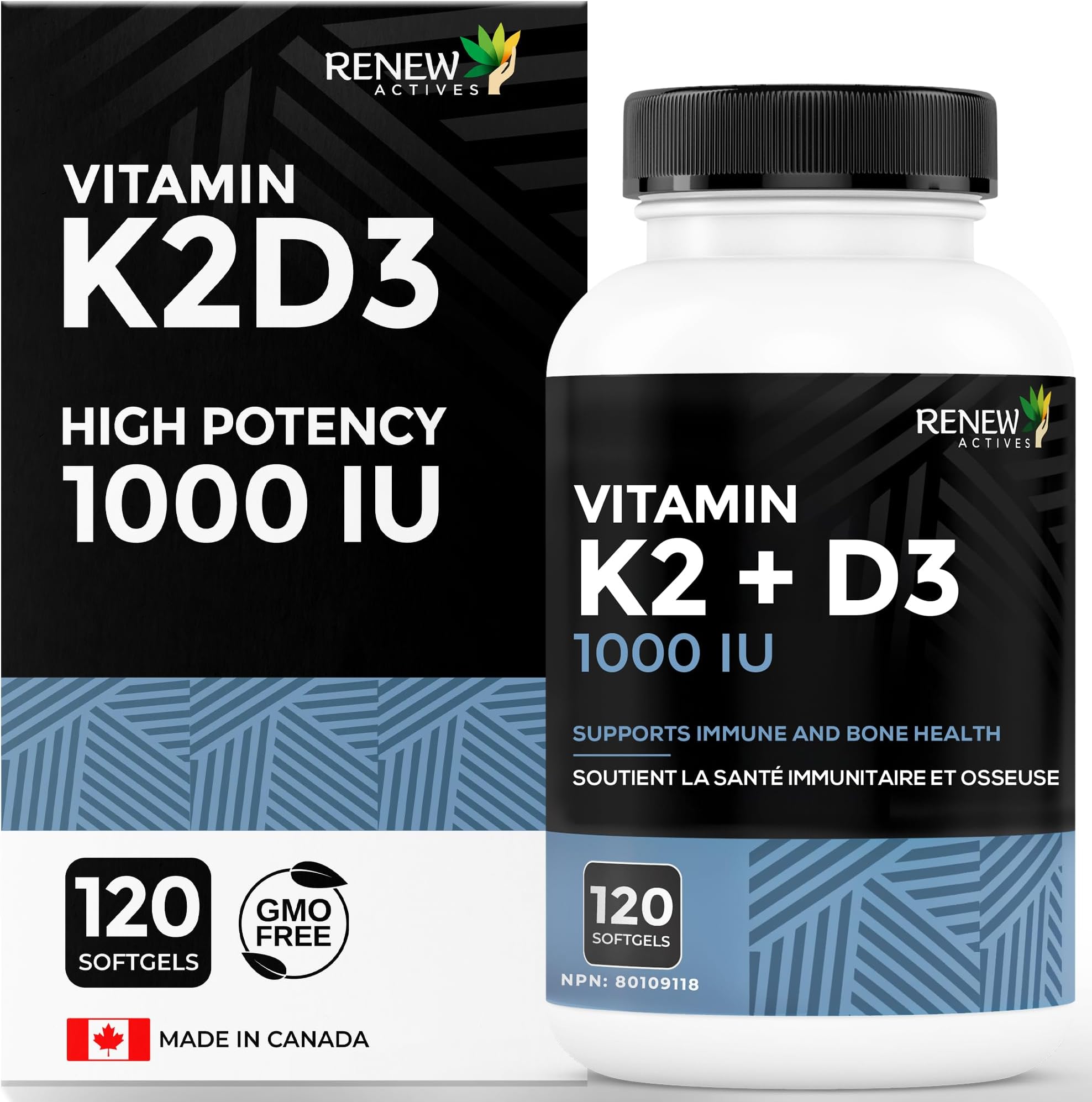 Renew Actives D3 K2 Supplement with Coconut Oil 1000 IU per Serving- Promotes Immune Function, Bone Health & Teeth, Enhances Calcium Absorption for Optimal Wellness - Made in Canada - 120 Softgels