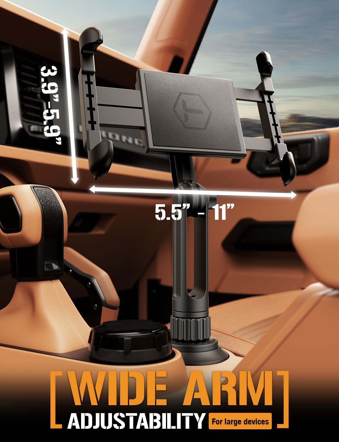 ToughTested Boom Cup Holder Tablet Mount – Heavy-Duty iPad & GPS Car Mount for Cup Holder – 360° Rotating Arm, Fits Tablets Up to 13", Anti-Vibration, Universal for Trucks, SUVs, Vans & Cars