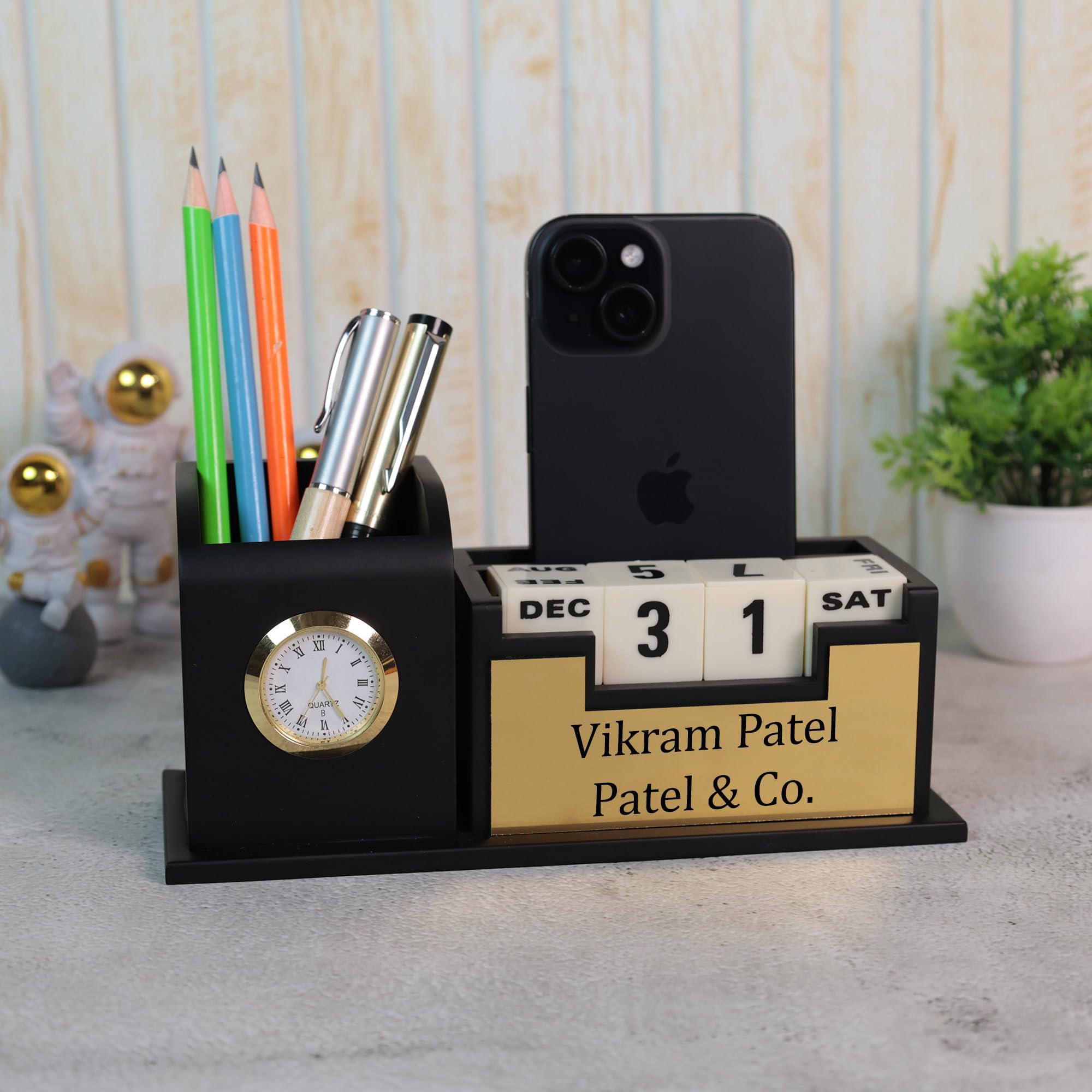Customized Pen Holder with Clock, Infinity Cube Flip Calendar & Business Visiting Card Holder | Premium Stylish Office Stationary Organizer for Desk