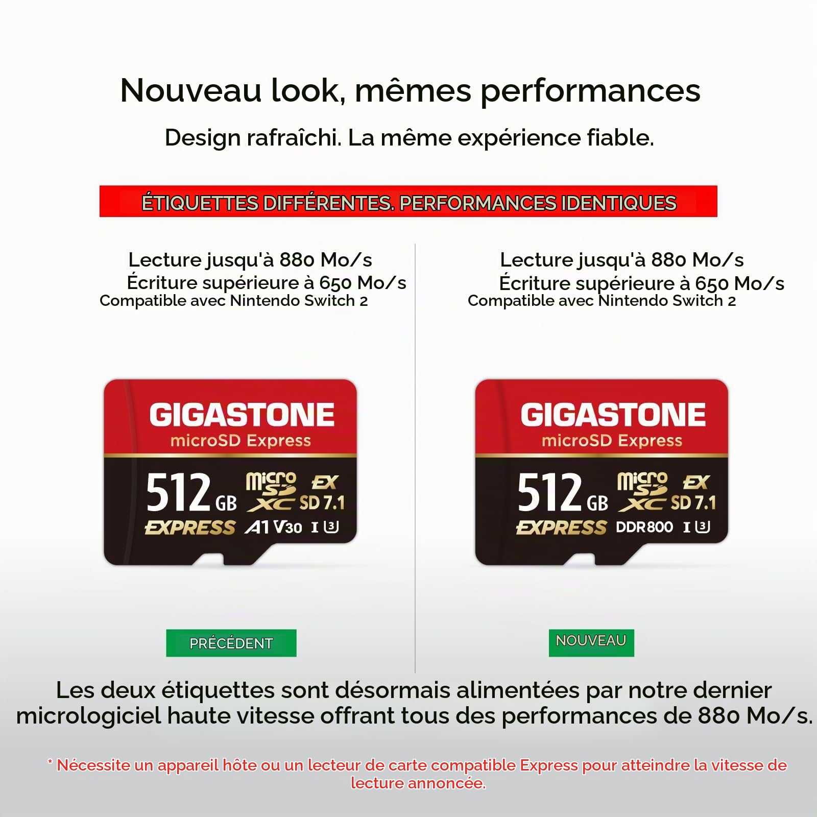 GIGASTONE Carte mémoire microSD Express 512 Go SD 7.1 Vitesse jusqu'à R/W 880/650 Mo/s Compatible avec Nintendo-Switch 2, Appareil Photo Professionnel, A1 V30 U3, avec Adaptateur SD
