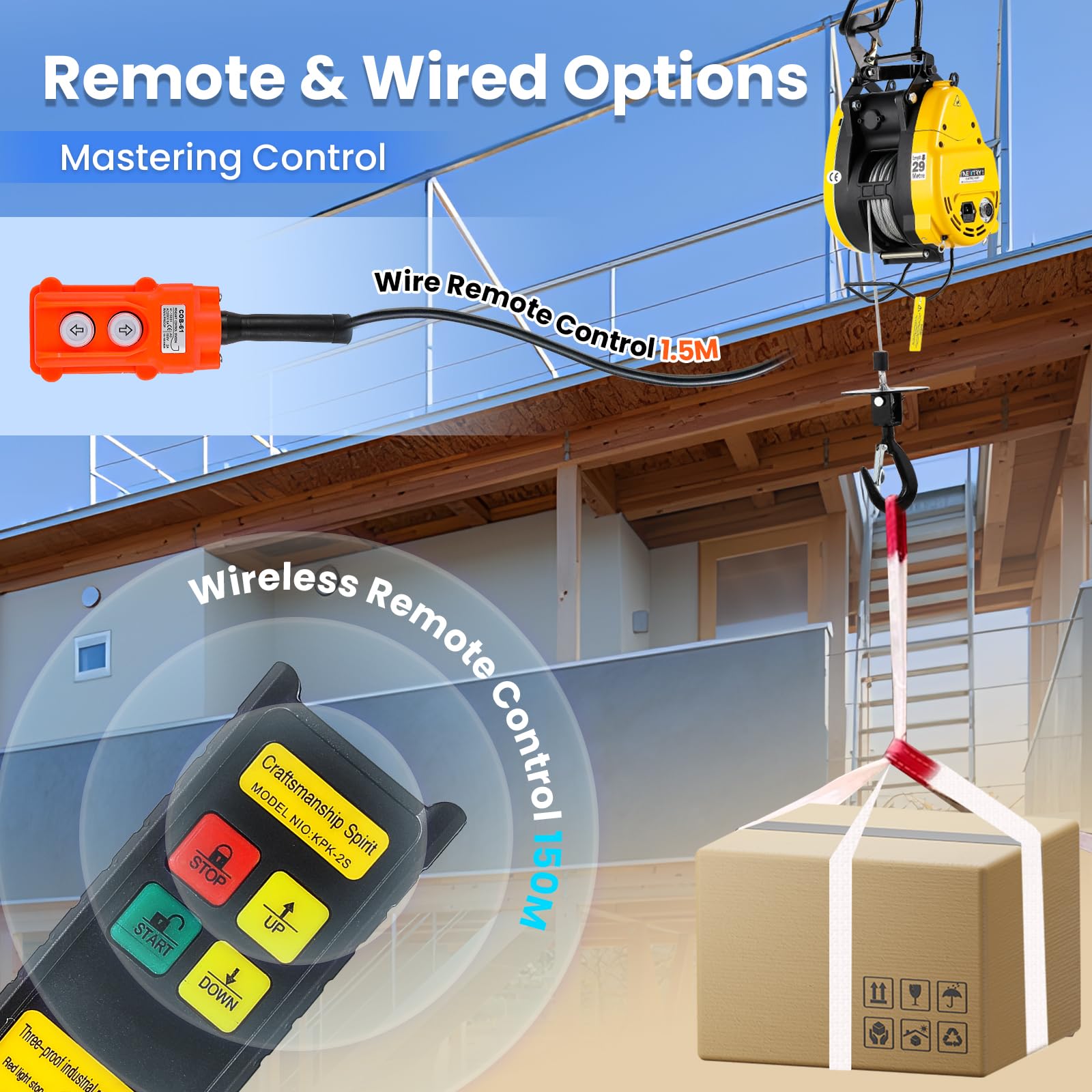 NEWTRY 300KG Treuil électrique 1600W Moteur 19M/min Ascenseur rapide Hauteur de levage max. 30 mètres, 2 en 1 commande par câble et télécommande pour garage, atelier Ascenseur de matériel 220V CE