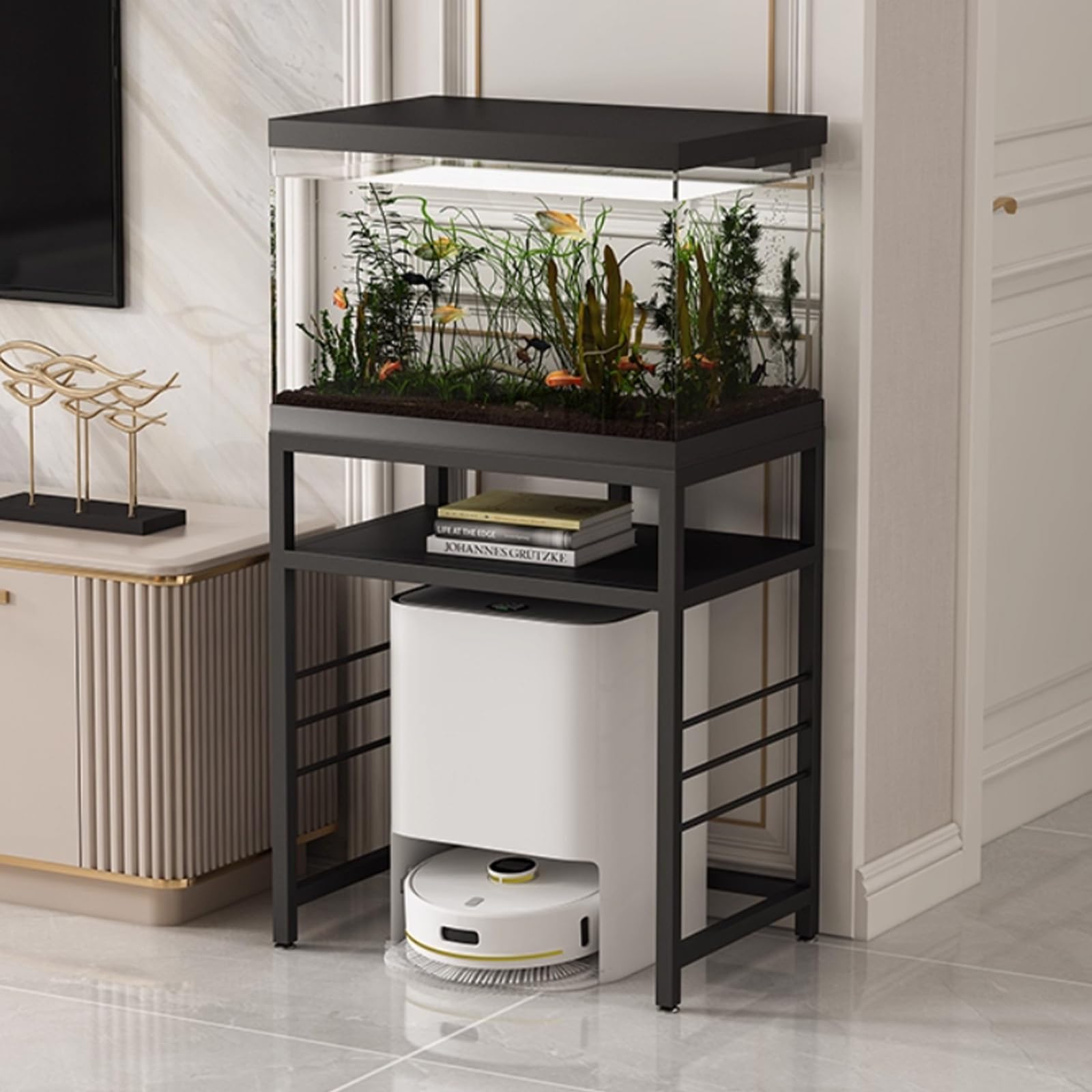 Mesa auxiliar móvil robótica para aspiradora, soporte al vacío con base abierta, mesa auxiliar con marco de acero (individual, negro, 17,7 x 9,8 x 27,6)