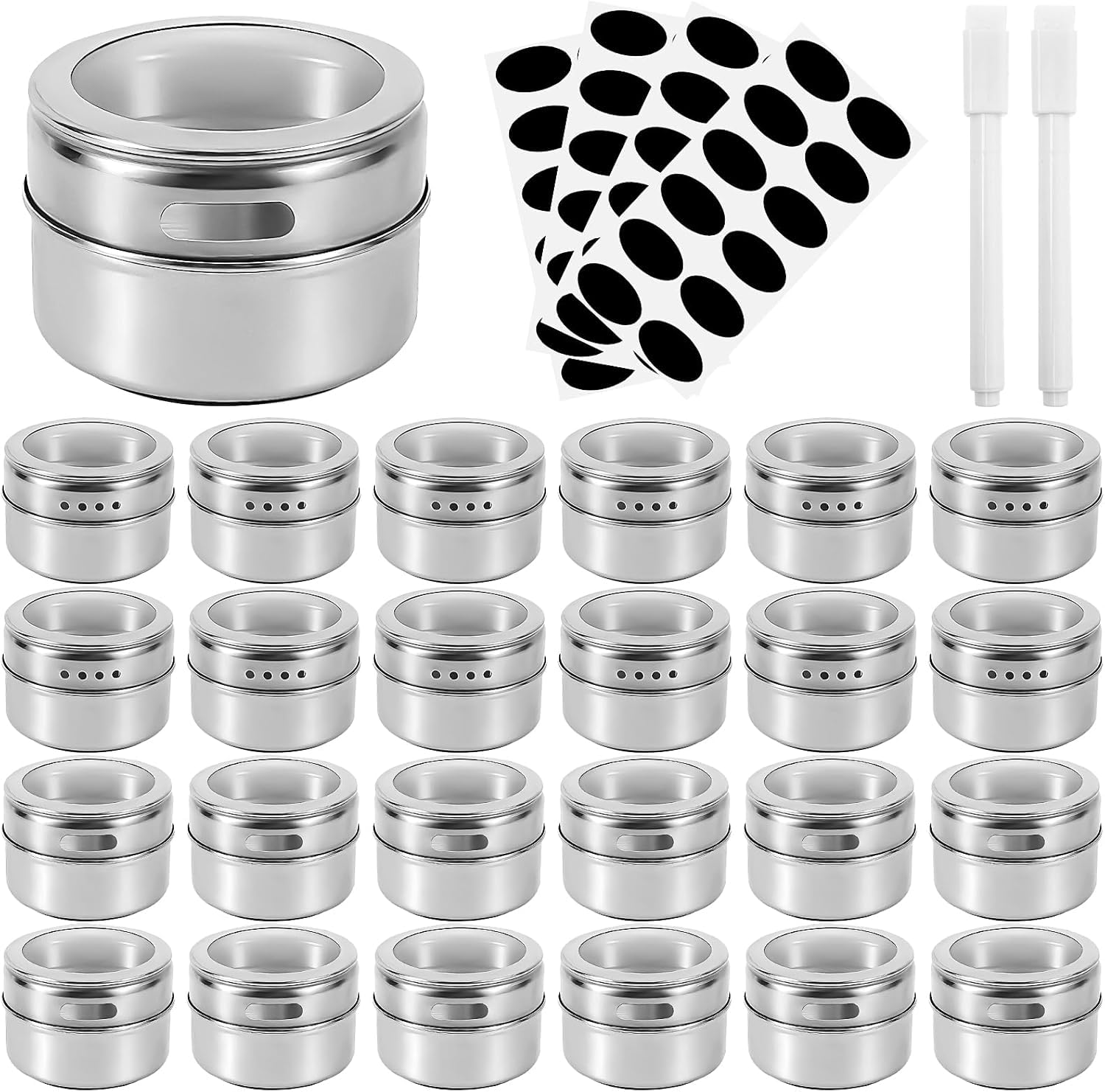 Lot de 24 Pots à Épices Magnétiques avec Couvercles, Bocaux Assaisonnements en Acier Inoxydable pour Réfrigérateur avec 48 Étiquettes et 2 Marqueurs pour Cuisine Frigo