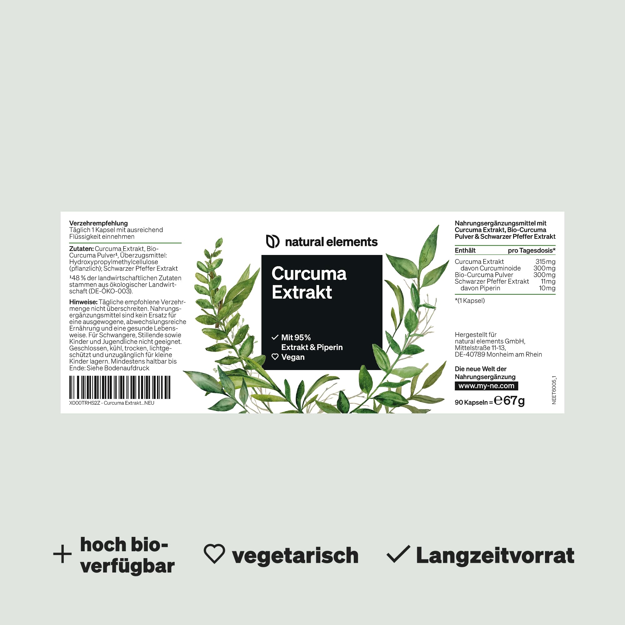 natural elements Curcuma Extrakt – Hochdosiert: Curcumingehalt EINER Kapsel entspricht 10.000mg Kurkuma – Hochdosiert aus 95% Extrakt – 90 Kapseln