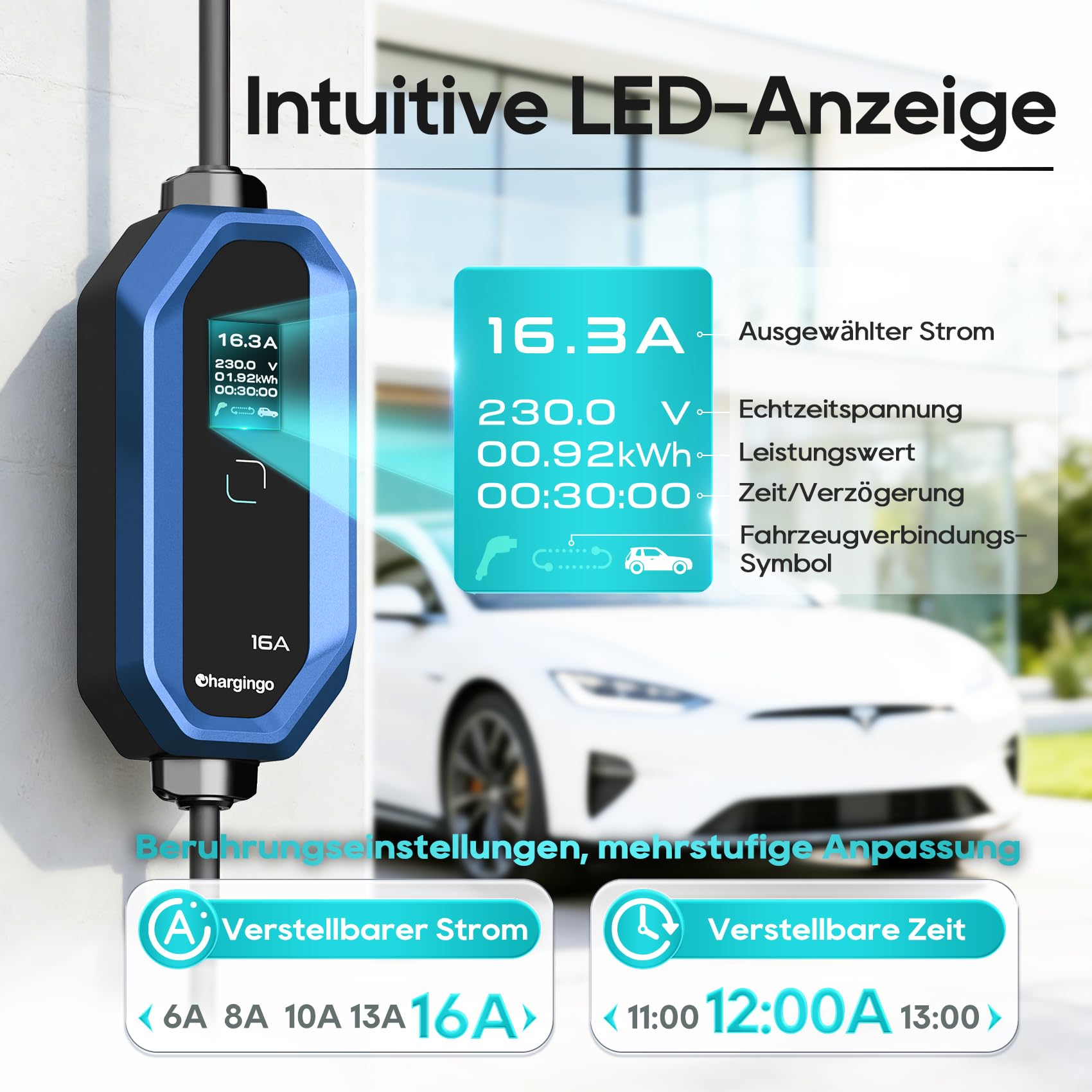 Typ 2 Ladekabel Schuko 3,68kW 6-16A Einstellbarer Strom mit LCD-Display, 5M Kabel, Tragbares EV Ladegerät für Allen Elektroautos IEC 62196-2 Typ 2 und CCS2-Stecker, IP65