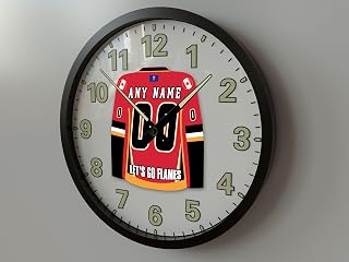 PERSONALISED CALGARY N H L FLAMES HOCKEY JERSEY GLOW IN THE DARK WALL CLOCK !! (14 Inch Wall Clock)