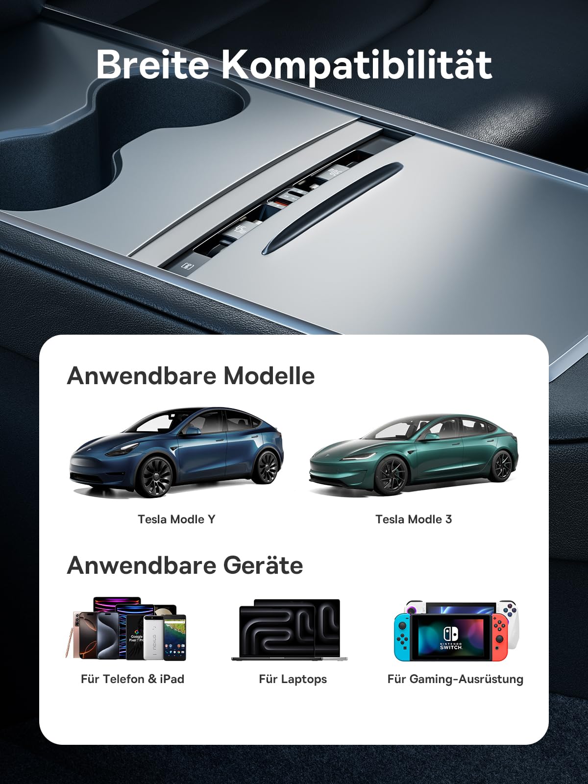 Baseus USB Hub 45W für Tesla Model Y und Model 3 2021 2022 2023, 4 in 1 Multi-Port Auto USB Ladegerät, Ausziehbare Docking Station mit Schnelllade-Kabel, Tesla USB C Hub für Auto Innenraum Zubehör
