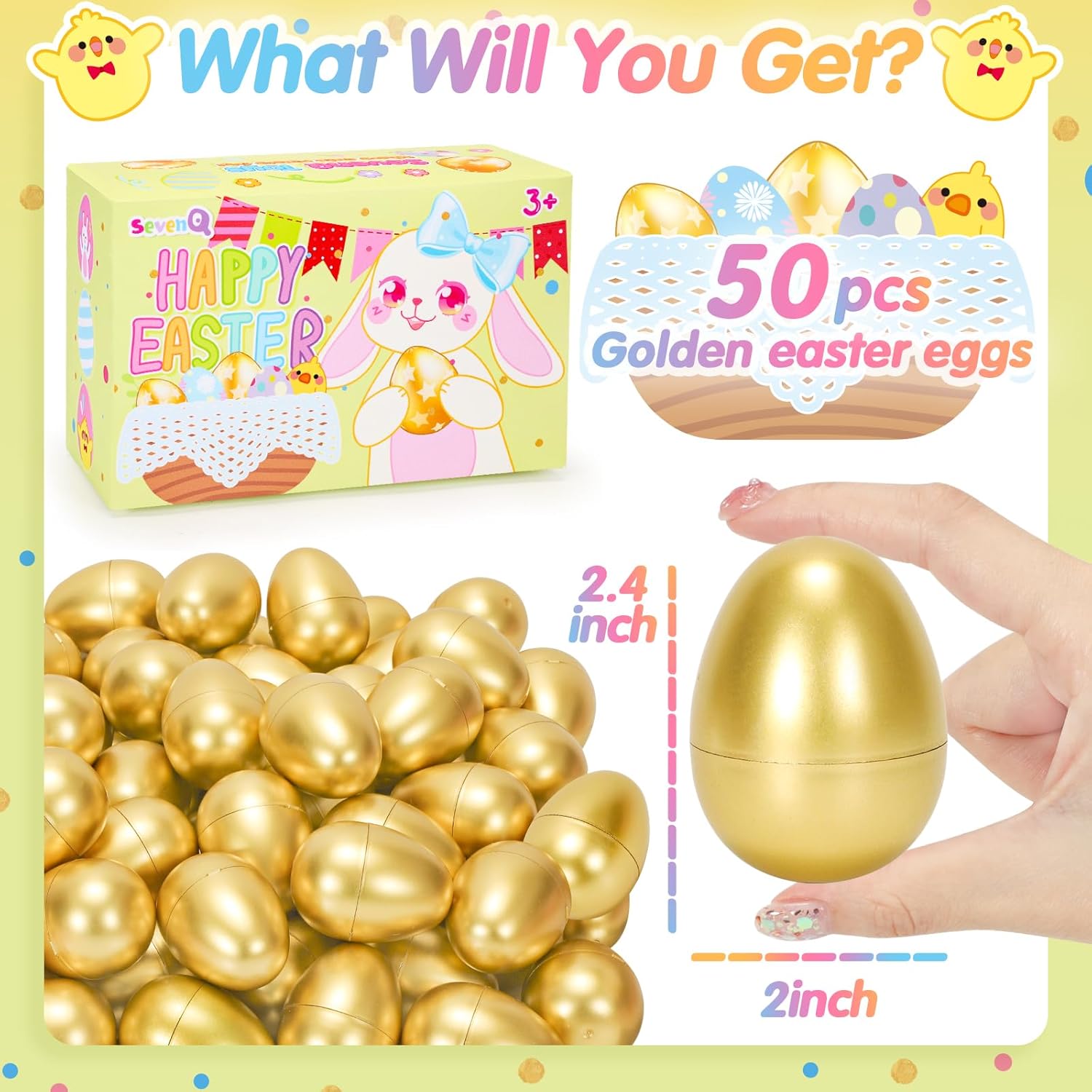 SevenQ Plastic Easter Eggs Empty 2.3” 50Pcs, Fillable Golden Egg for Easter Basket Stuffers Gifts for Kids Party Favors Pinata Goodie Bags Treasure Box Toys Fillers Easter Egg Hunt Games Decorations