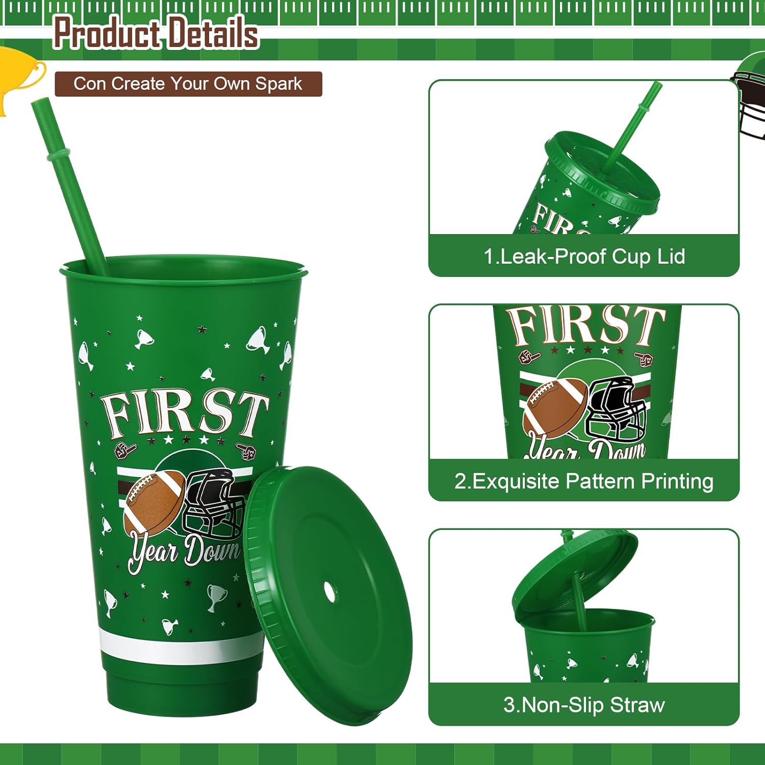 Willinglong 24 Pcs First Year Down Tumblers 24 oz Football Birthday Party Plastic Cups First Year Down Football Birthday Party Decorations for 1st Rugby Sports Theme Baby Shower Supplies