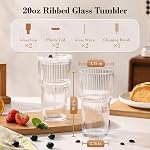 GOSCHE 20oz Glass Cups with Lids and Straws, Clear Iced Coffee Cups Vintage Drinking Set, Glass Tumbler with Straw and Lid for Latte Water Tea, Clear, 2 Pack