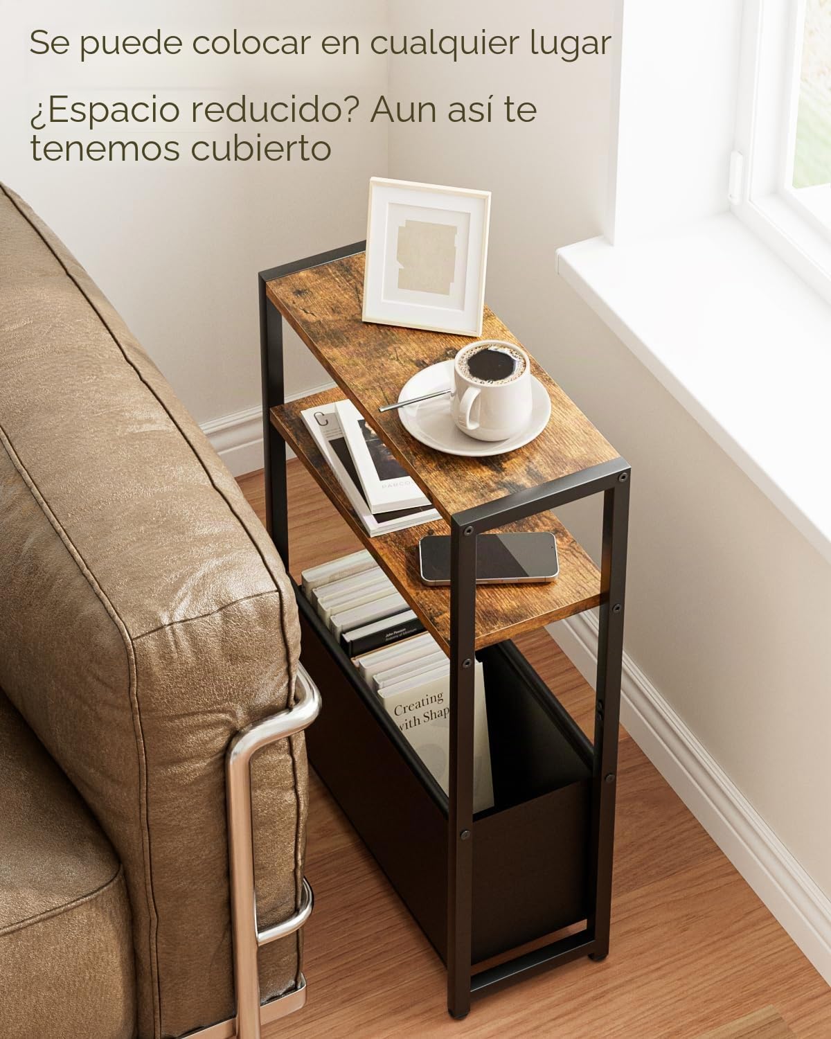 Mesa Auxiliar con Espacio de Almacenamiento, Mesa Auxiliar Estrecha de 3 Niveles con Bolsa, mesita de Noche Estrecha, pequeña Mesa de café para Espacios pequeños, Dormitorio, salón, Oficina