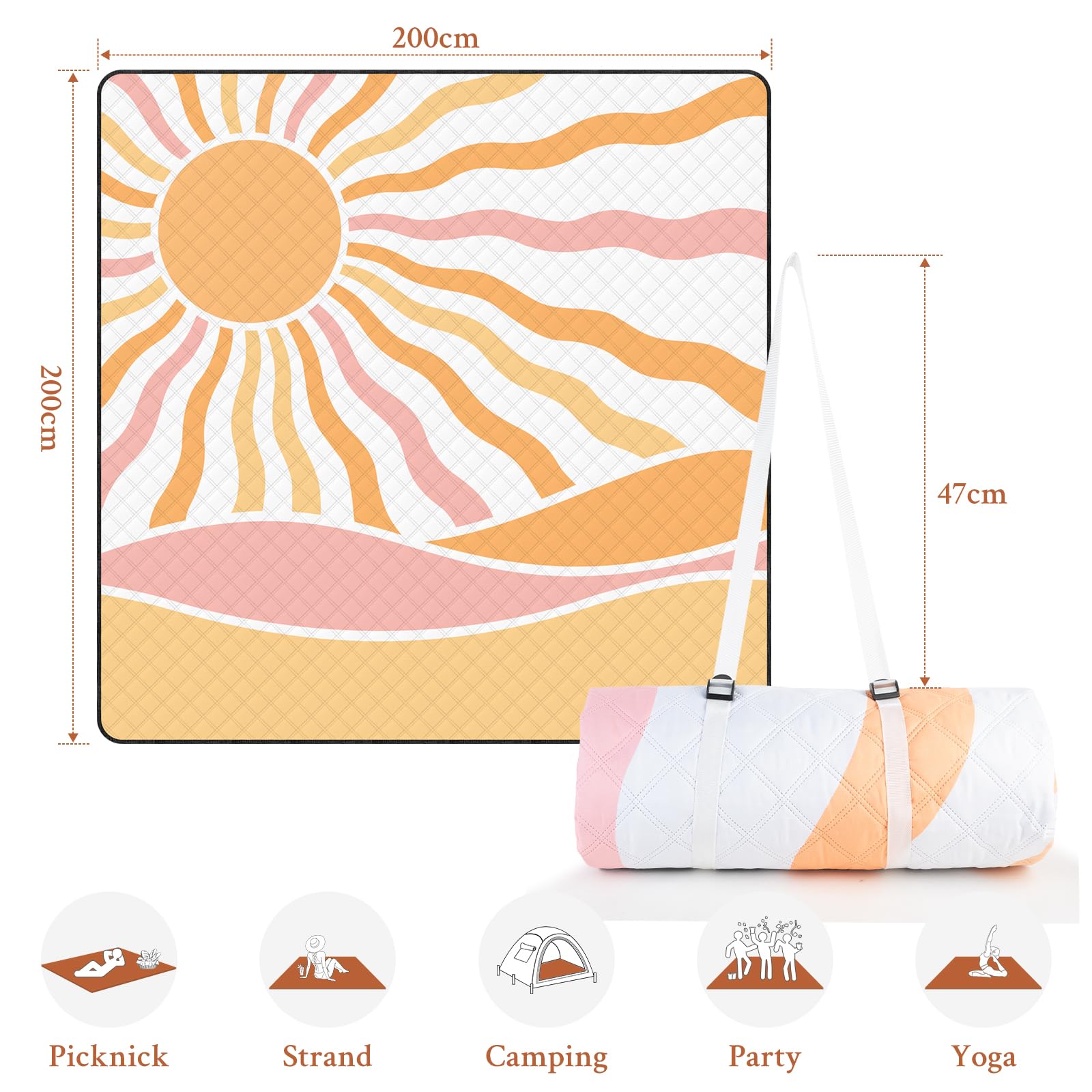 TXBOBECO Picknickdecke 200x200cm XXL, Stranddecke Wasserdicht Sandfrei, Outdoor Camping Decke mit Tragegriff & Heringen, für Picknick, Camping, Park, Garten - Sonne