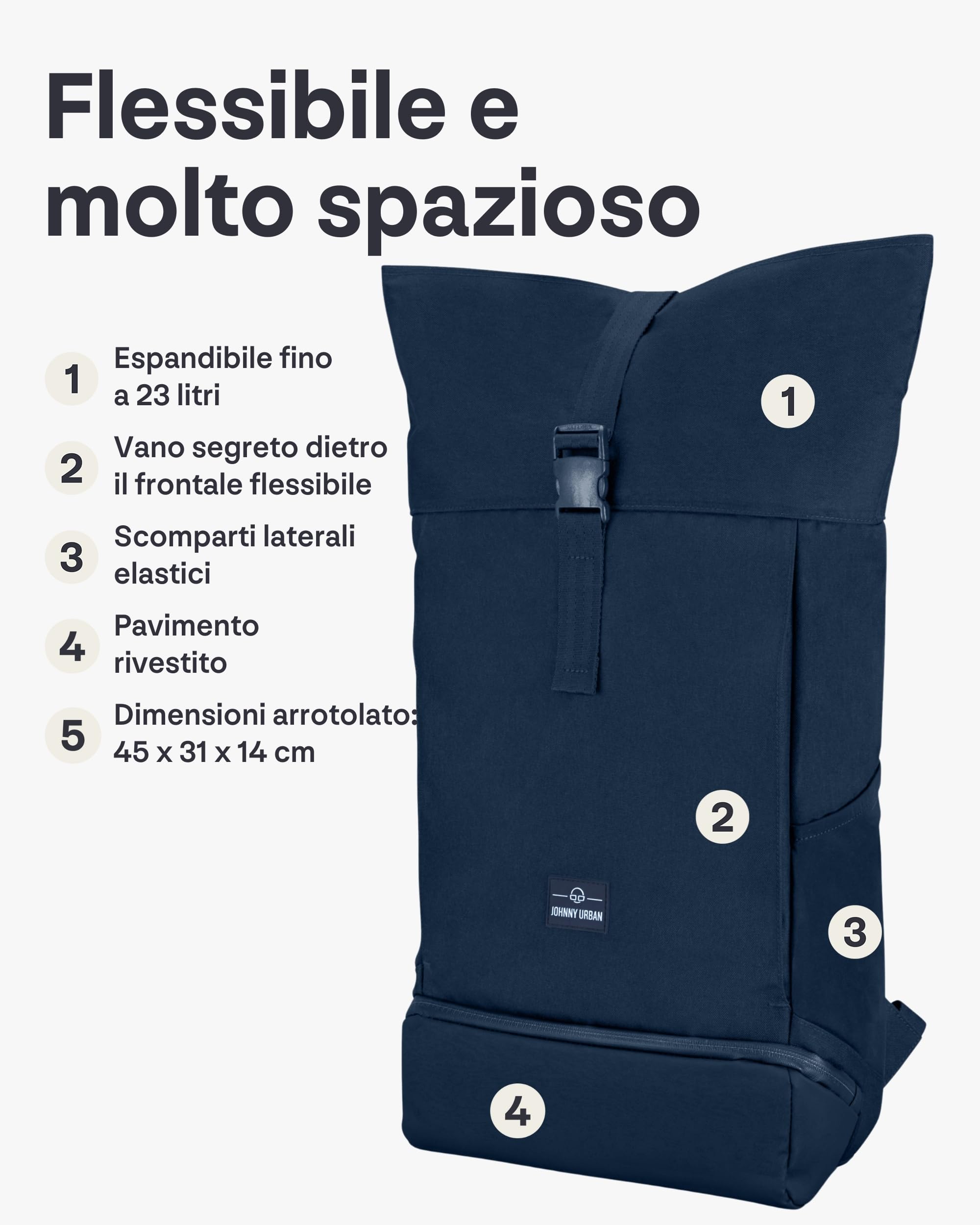 Johnny Urban Zaino Donna e Uomo - Allen Large - Rolltop Zainetta per Scuola, Università, Viaggio - Scomparto per Laptop da 16 pollici - Idrorepellente