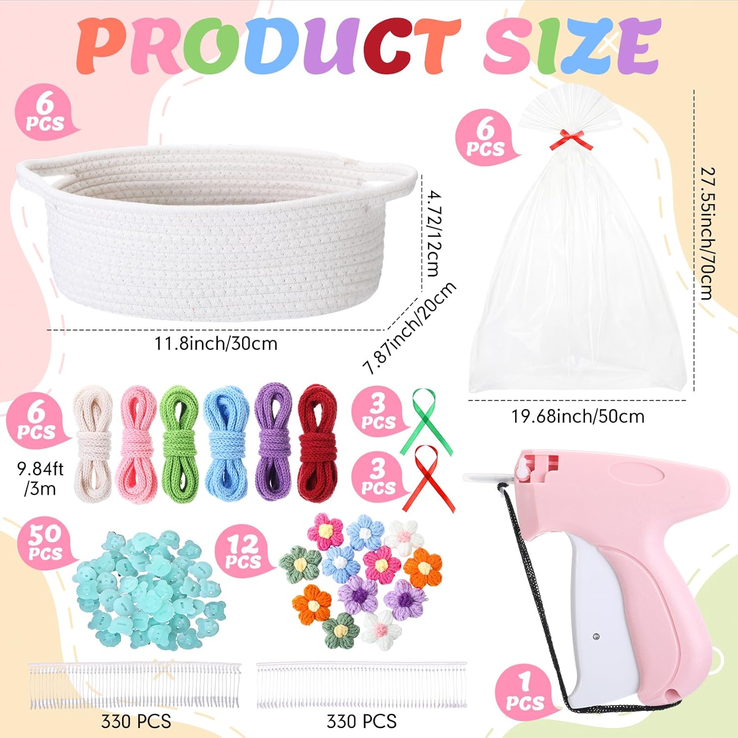 LemonRoad 6 Sets Small Woven Easter Basket DIY Rope Baskets for Gifts Empty 12"x 8"x 5" with Bags, Ribbons, Sewing Machine, Crochet, Dog Cat Baby Toy Nursery Storage Bins Empty Gift Chest Box