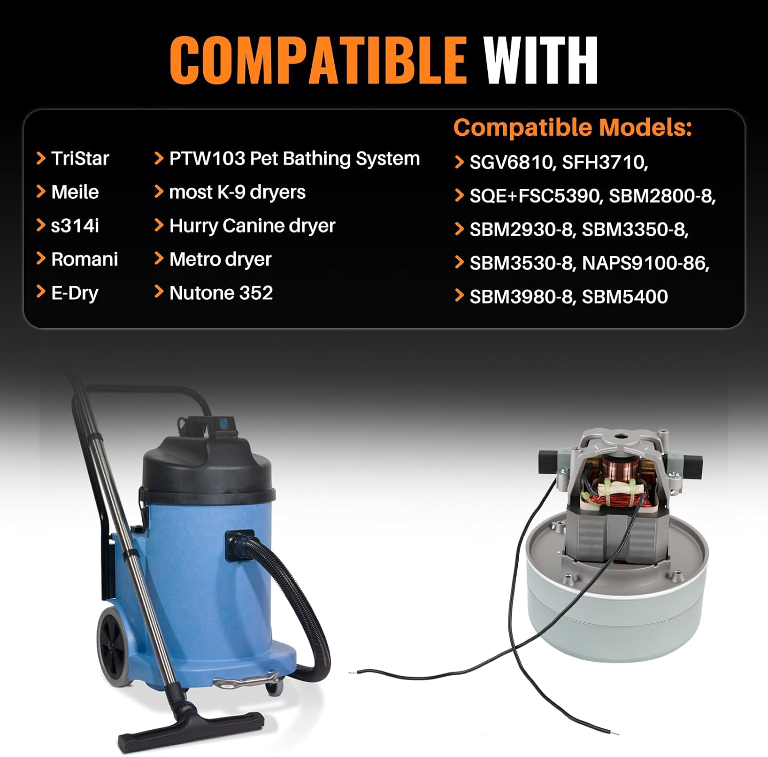 4M903 Vacuum Cleaner Motor 120V 2-Stage Compatible with Miele 200 300, Tristar, F&P Fantom Vacuum Cleaners, Hurry Canine, Metro Dryers, Romani Replace 115923