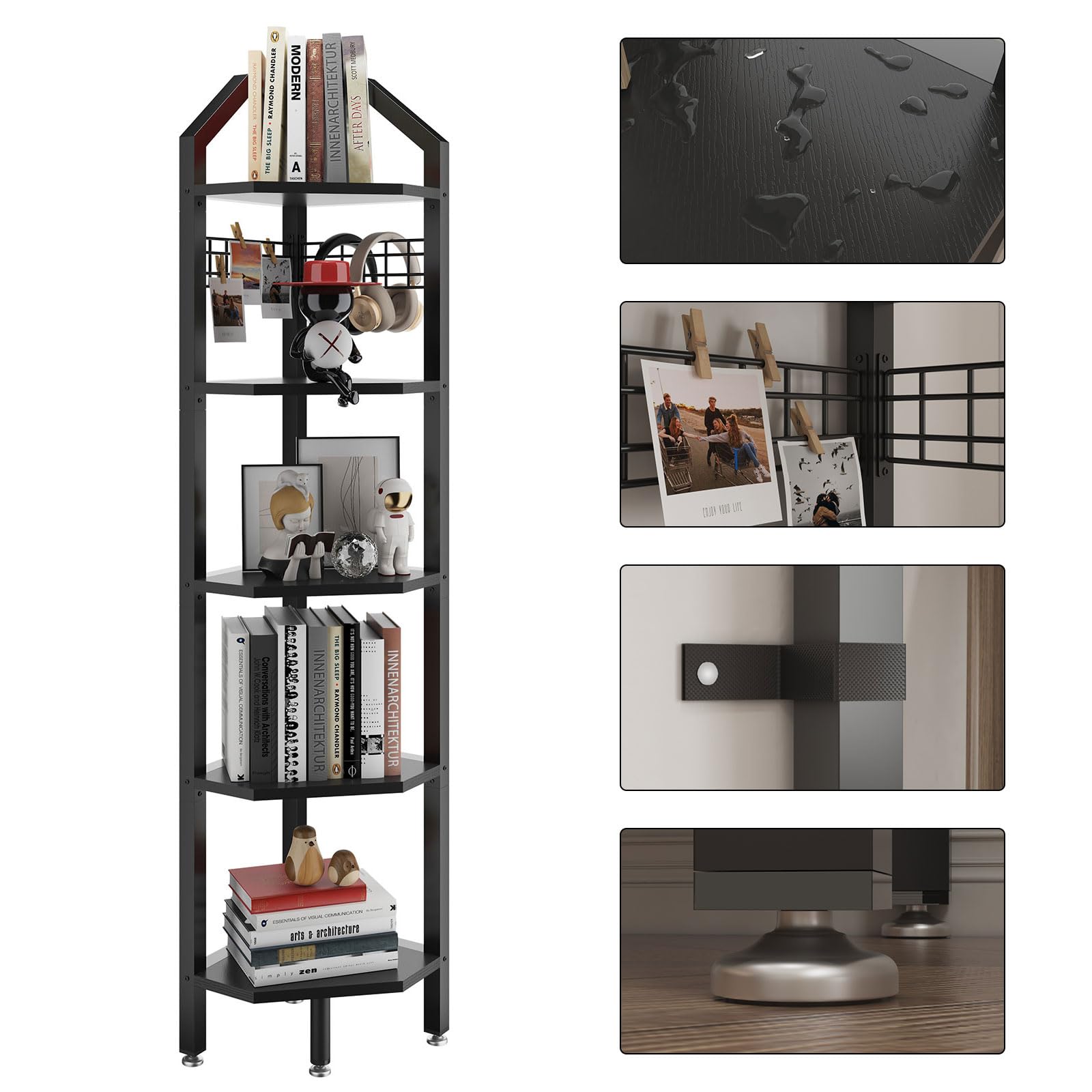 YMYNY Étagère d'angle à 5 Niveaux, Hauteur 176 cm, étagère de Rangement Multi-usages, pour Salon, Salle de Bain, Cuisine, Chambre à Coucher, Bureau, Style Industriel Noir HBR006B
