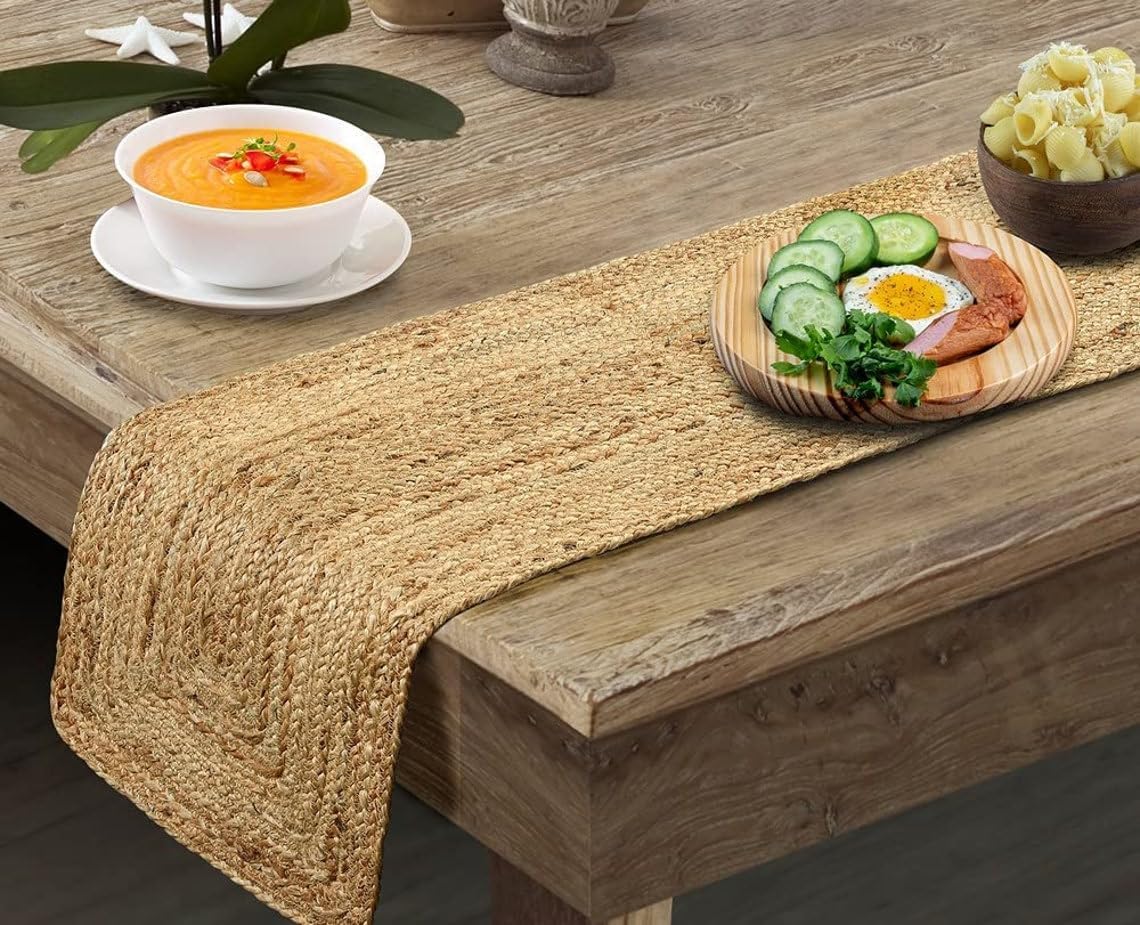 Hand Woven Natural Fiber Reversible High Traffic Resistant 100% Jute Burlap Braided Table Runner Area Rug 60 Inches Long Hand Crafted Rustic Vintage Dining (Natural Jute, 14" X 60" Inch)