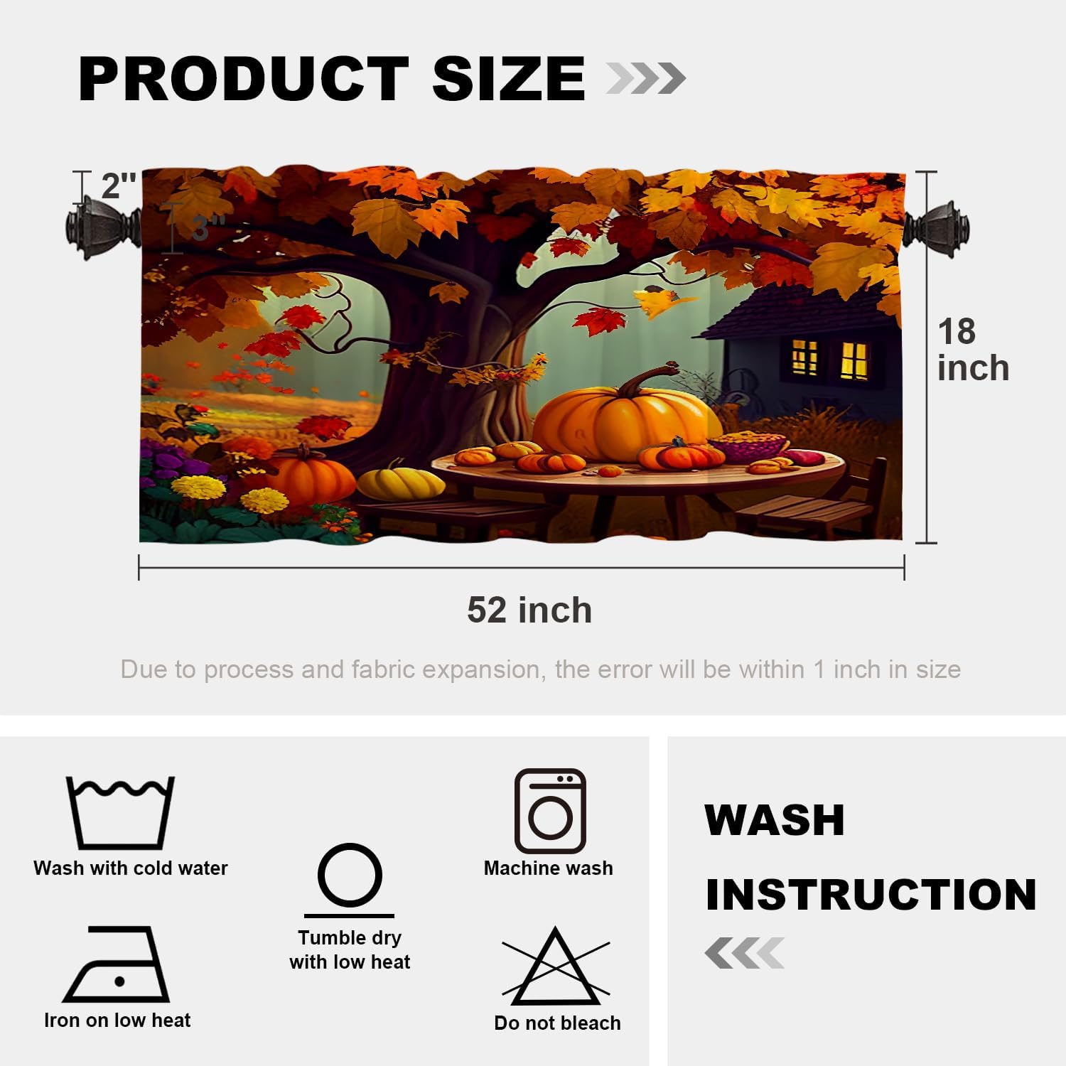 Batmerry Happy Thanksgiving Day Valance Curtains, Maple Trees Pumpkins Houses Rice Fields Window Treatment Kitchen Valances Multilayer Polyester Blackout for Living Room/Bathroom, 2 Pack 52x18 inches