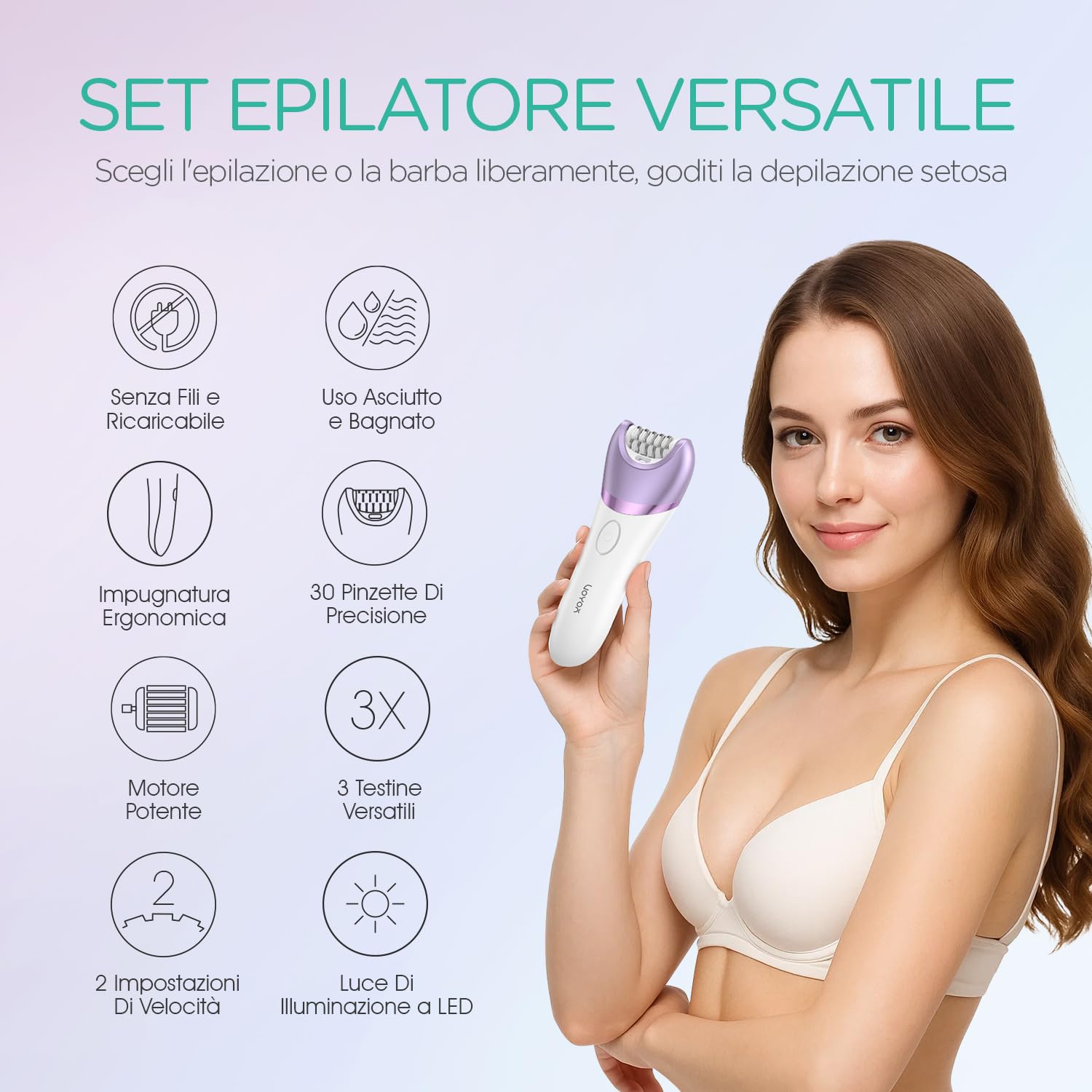 VOYOR Depilatore Donna, 3 in 1 Epilatore Elettrico Donna per Braccia Gambe, Rasoio Elettrico Donna, Epilatore Impermeabile & Ricaricabile, Coperto 30 Pinzette BM300 (Viola)