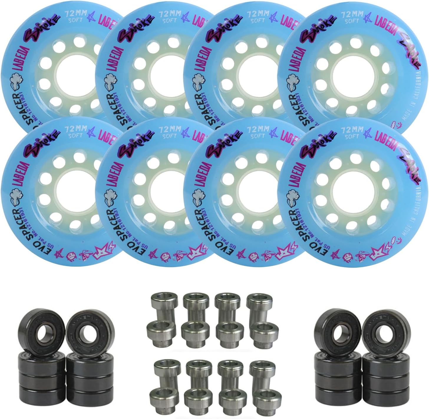 Labeda Smoke Evo Roller Hockey Wheels - 8-Pack with Evo Spacers and Hybrid Ceramic Bearings