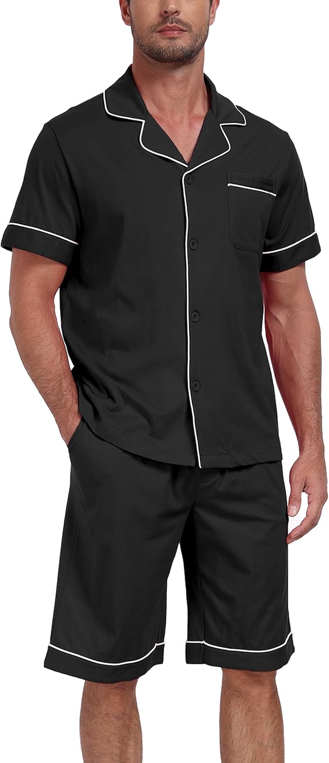 CF Mens 100% Cotton Pajamas Set Summer Shorts Button Down Pjs Soft Short Sleeve Lounge Set with Pockets & Front Fly