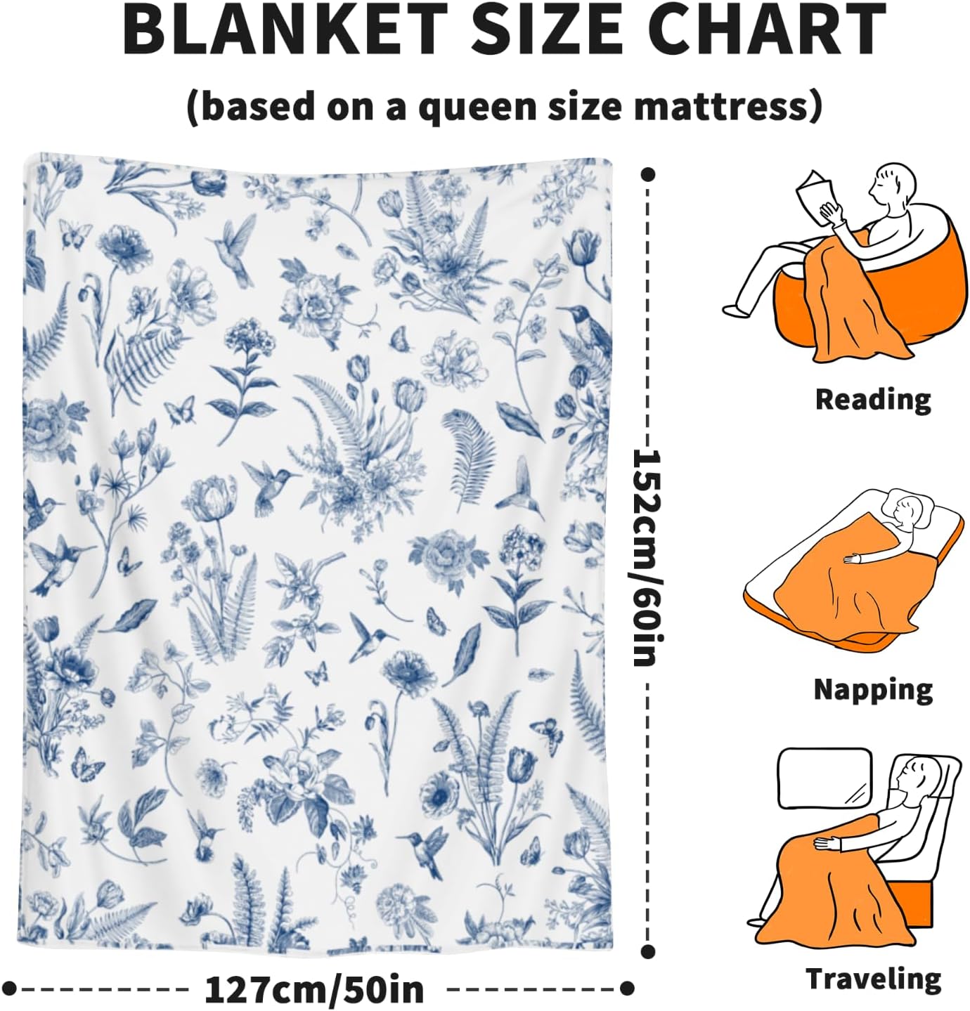 Giwawa Blue Floral Throw Blanket Toile Patterned Blanket Flower White and Blue Blanket Decorative for Home Bed Sofa Couch Chair 50" x 60" - Image 3