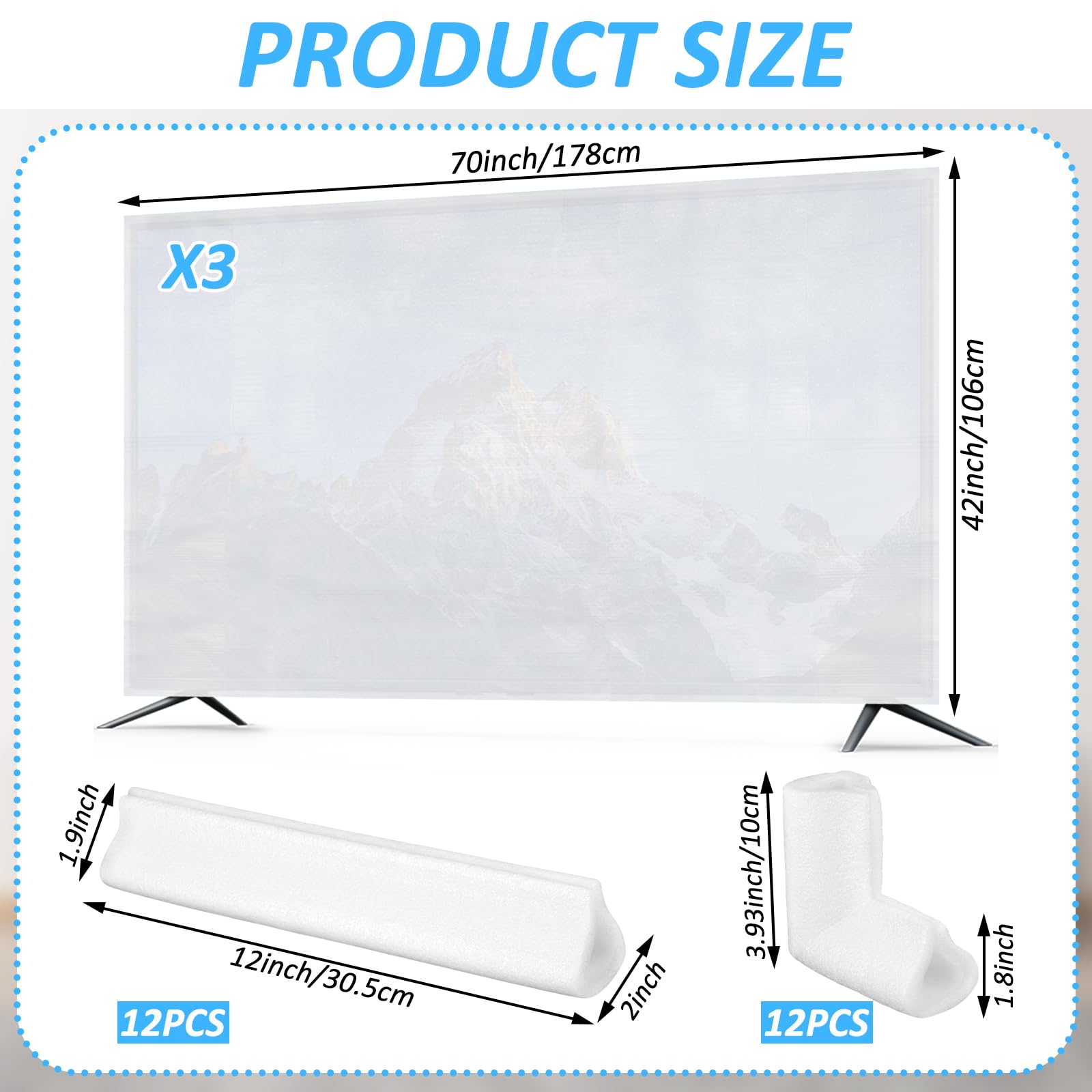 3 Pcs Cushioning Foam Set Include Flat Screen TV Covers Fits up to 70'' W x 42'' H,12 Moving Corner Edge Protectors and 12 Foam Protection Strips for TV Display Screen Protector Packing Moving