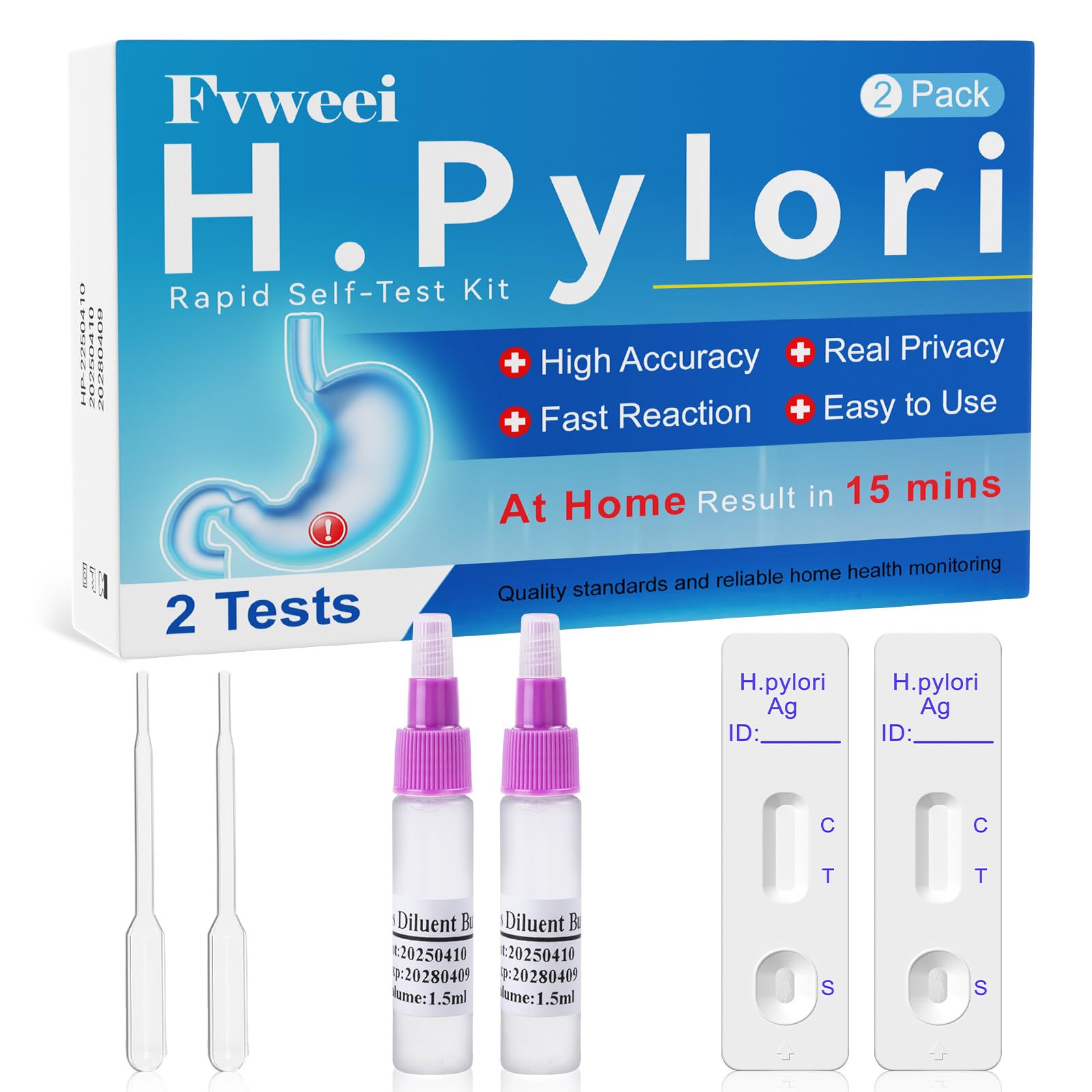 H Pylori Test Kit, H-Pylori Test, H. Pylori Stool (Antigen) Self-Test at Home, Accurate Helicobacter Pylori Test, Fast Results in 10-15 Mins, Easy to Use (2 Count (Pack of 1))