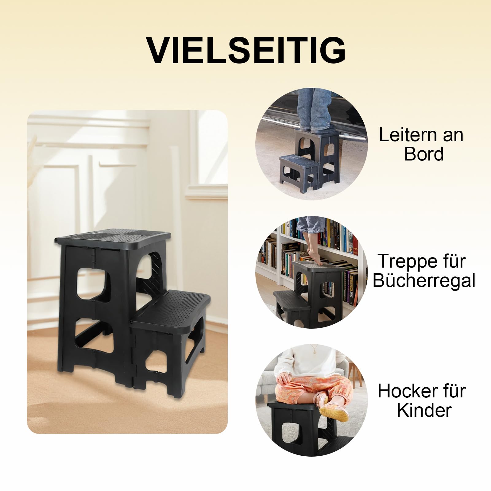 2 Stufen Tritthocker Klappbar Klapphocker mit Tragegriff Rutschfester Trittschemel Fußhocker Tragbaren Faltbarer Wetterfest für Küche, Haus, Büro, Draußen
