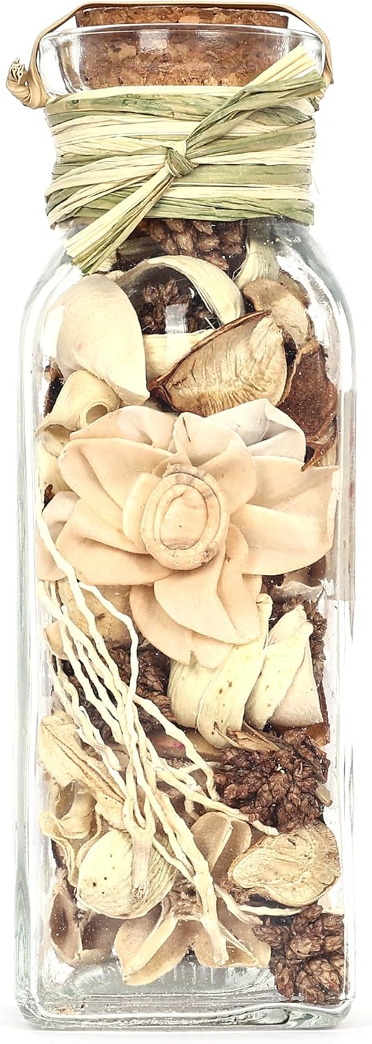 Natriel Decorative Potpourri Jar with Cork Stopper, Dried Flowers and Botanicals in Glass Bottle, Turquoise and Natural Tones, Home Decor Accent (Jasmine)