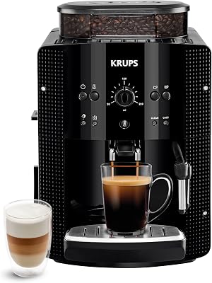 💎 81% MEGA DEAL! Krups Machine à café grain, machine expresso, 2 tasses en simultané, Nettoyage automatique, Buse vapeur pour Cappuccino, Cafetière espresso, Essential noire YY8125FD, Noir