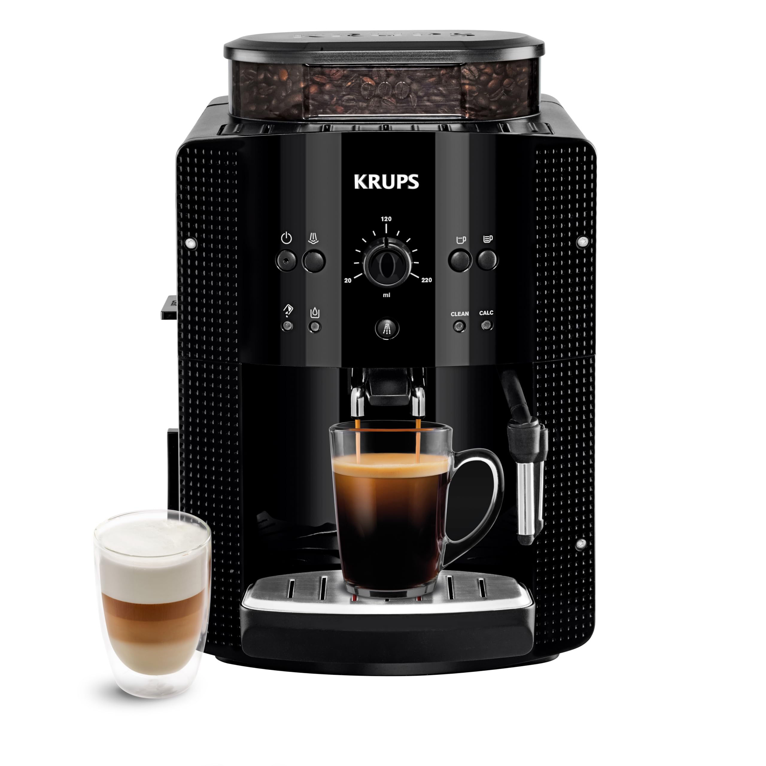 Krups Coffee Bean Machine, Espresso Machine, 2 Cups Simultaneously, Automatic Cleaning, Steam Nozzle for Cappuccino, Espresso Maker, Essential Black YY8125FD, Black