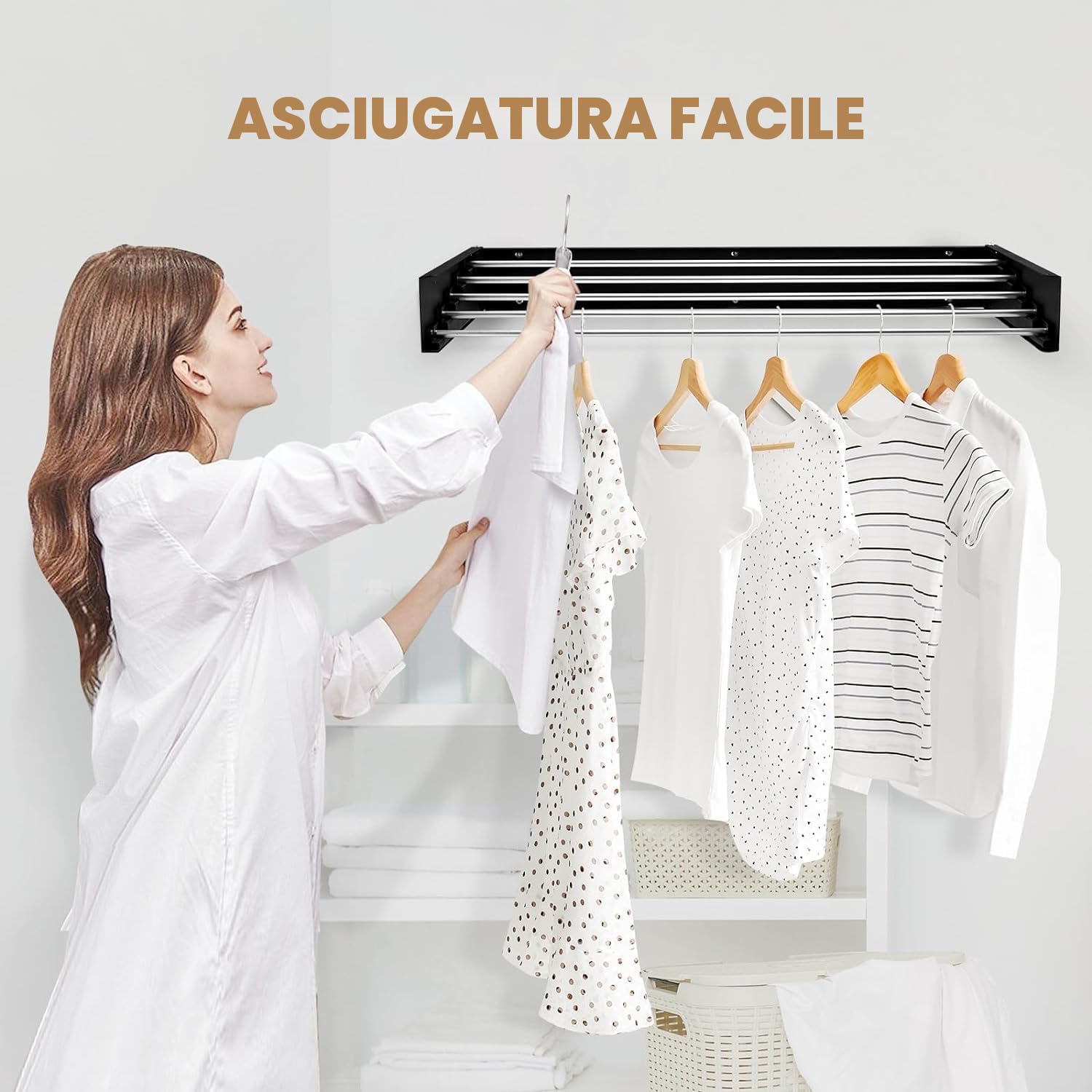 Stendibiancheria da parete retrattile e pieghevole - Spazio efficiente e versatile, carico 30 kg - Design moderno, Bianco 80 Cm (Bianco, 100 cm)