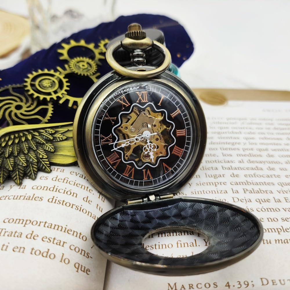 Men's Black Mechanical Retro Pocket Watch, Classic Manual Winding Mechanical Pocket Watch, with Chain, Suitable for Various Holidays as a Thoughtful Gift.