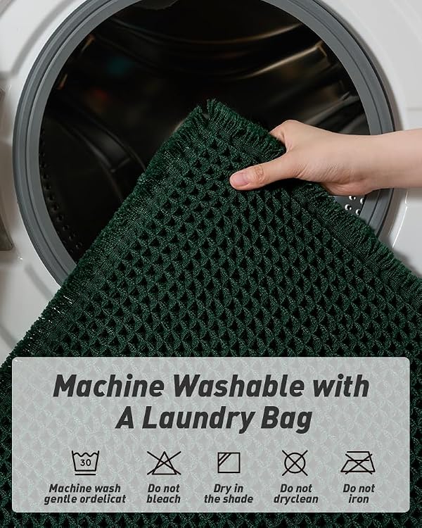 Upgraded Waffle Runner Rug, Super Absorbent Non Slip Bath Mats for Bathroom Floor Machine Washable Bathroom Runner Rug with Tassels Ideal for Hallway Bedroom Laundry Room, Dark Green, 2'x6'(24" x 72") by AMOAMI - Used condition - Image 5